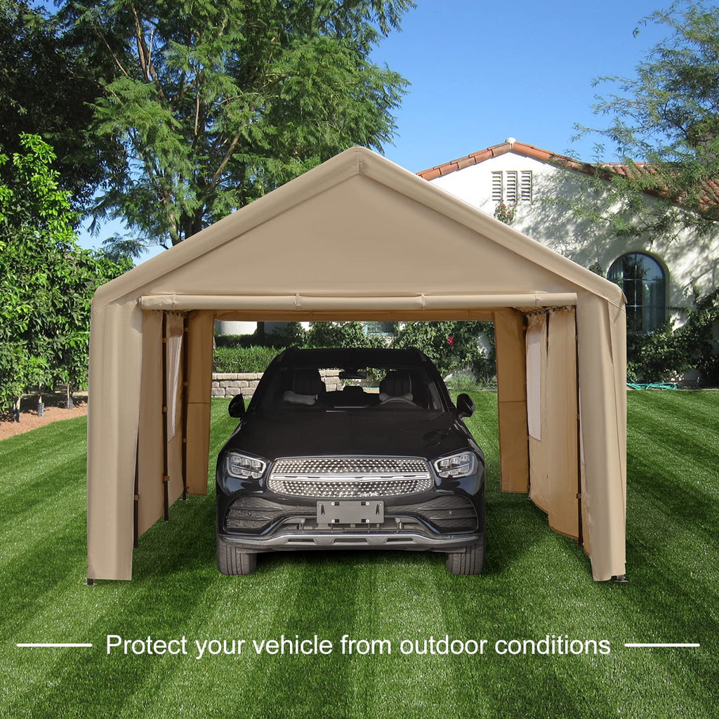 Gardesol Carport, 12'x20' Extra Large Heavy Duty Carport with Removable Sidewalls & Doors, Portable Garage Car Canopy for Car, Truck, SUV, Beige
