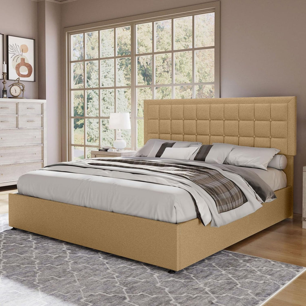 Jocisland King Size Lift Up Storage Bed Frame, Upholstered Platform Bed Frame Button Tufted Headboard/White