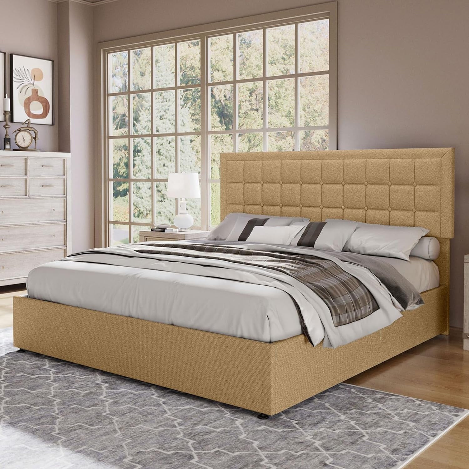 Jocisland King Size Lift Up Storage Bed Frame, Upholstered Platform Bed Frame Button Tufted Headboard/White