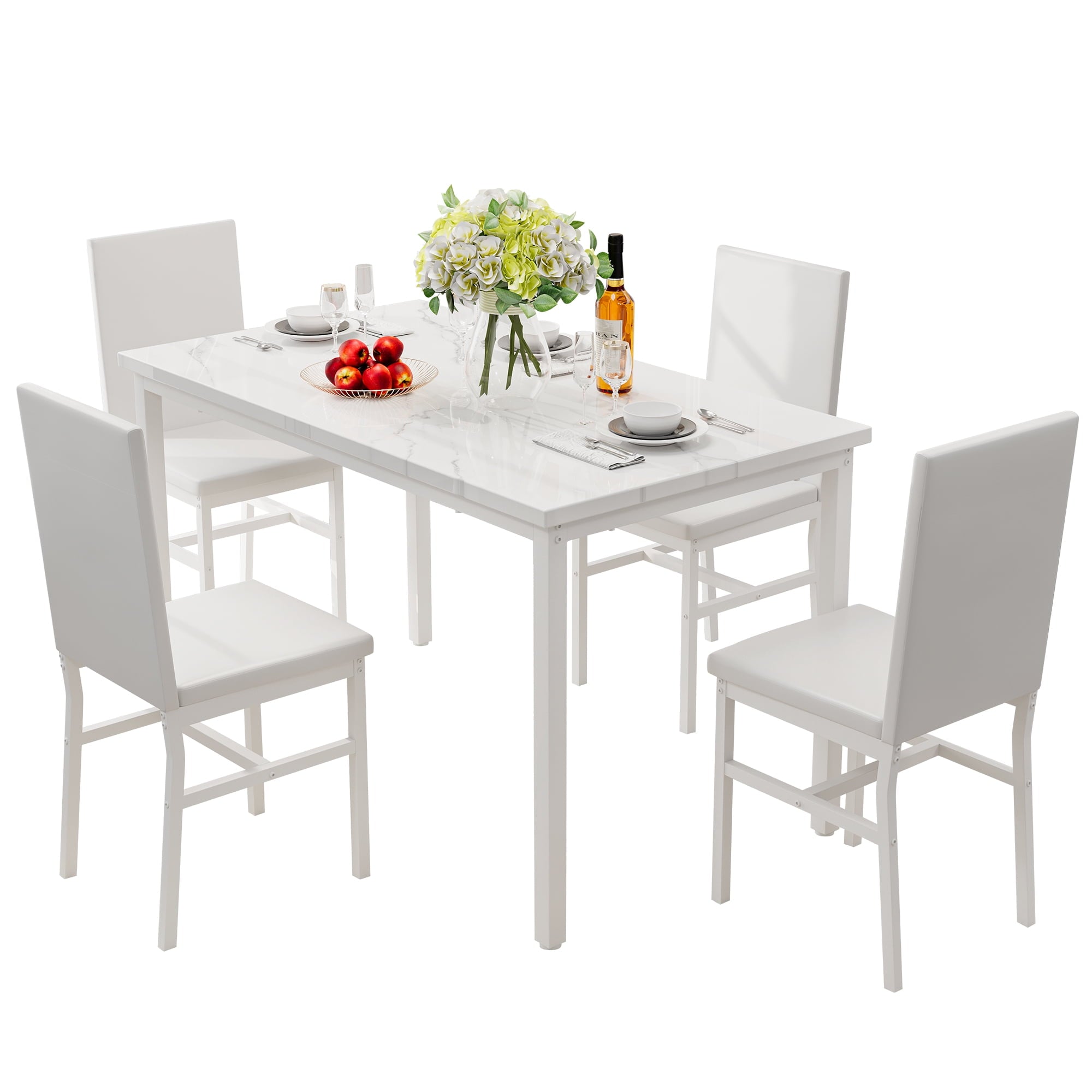 PAPROOS Dining Table Set for 4, Modern 5-Piece Kitchen Table Set with Faux Marble Top and Velvet Upholstery Chairs, Heavy Duty Dinette Sets for Breakfast Nook, Dining Room Table and Chairs, Gray