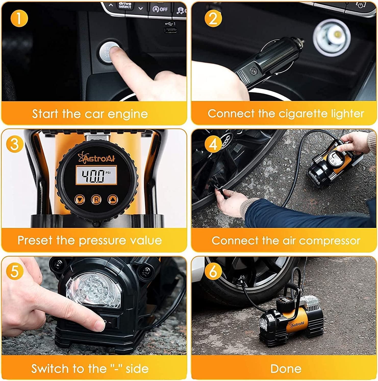AstroAI Tire Inflator Portable Air Pump for Car Tires, Digital Air Compressor 150PSI, Yellow
