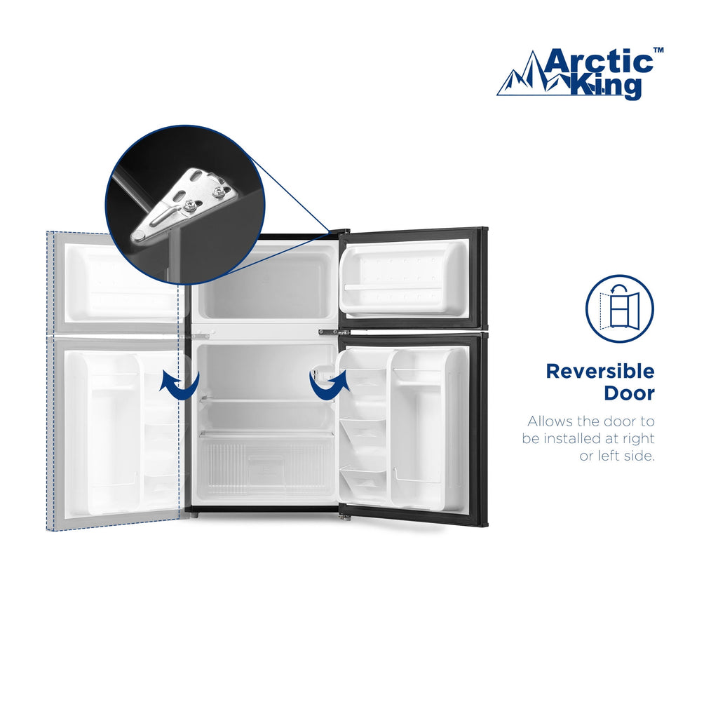Arctic King 3.2 Cu ft Two Door Compact Refrigerator with Freezer, Stainless Steel, E-star