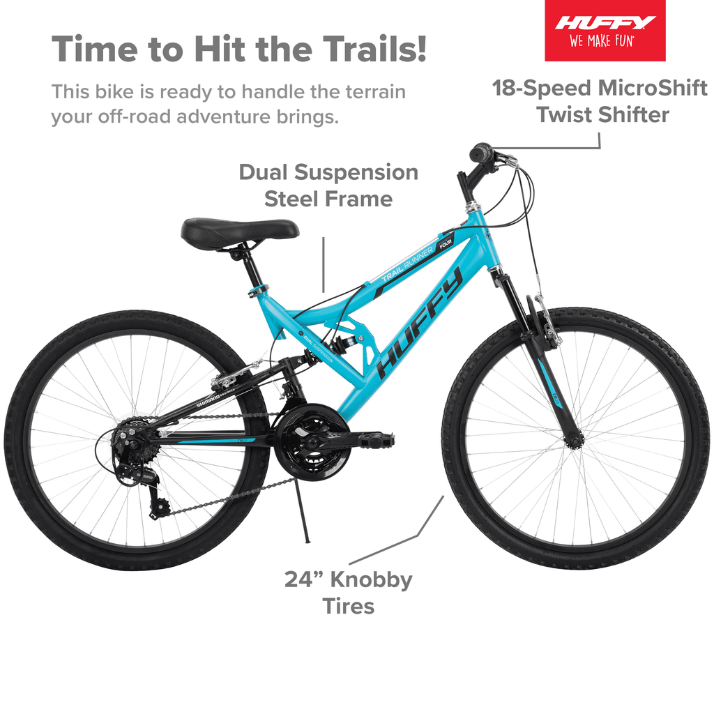 Huffy 24" Trail Runner Girls Full Suspension Mountain Bikes, Ages 12+ Years, Teal Blue