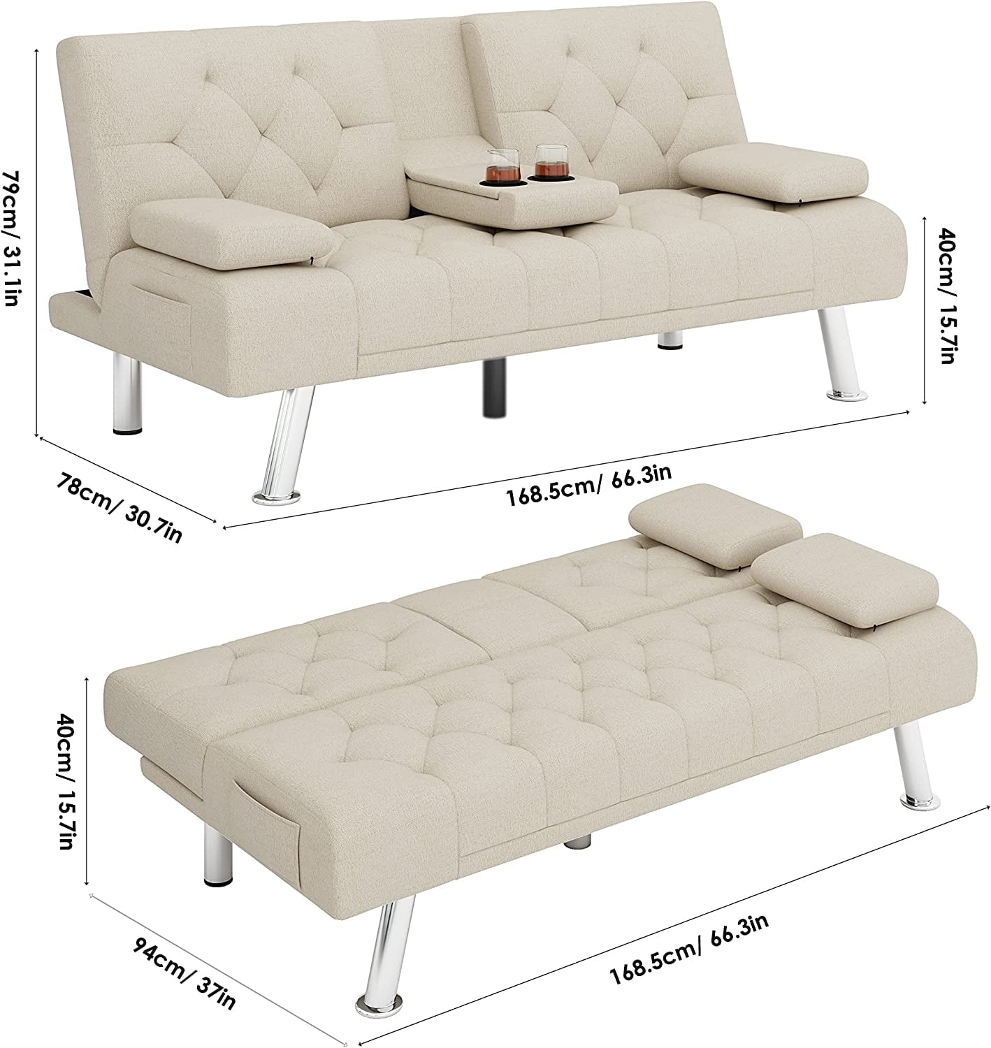 Homfa Convertible Futon Sofa Bed, 66.3'' Upholstered Removable Armrests,Gray Finish