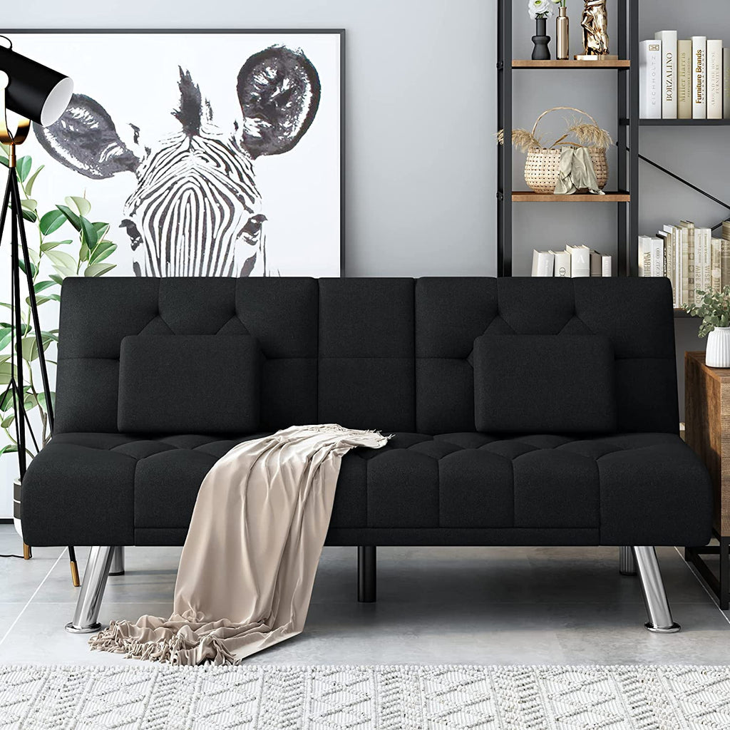 Homfa Convertible Futon Sofa Bed, 66.3'' Upholstered Removable Armrests,Gray Finish