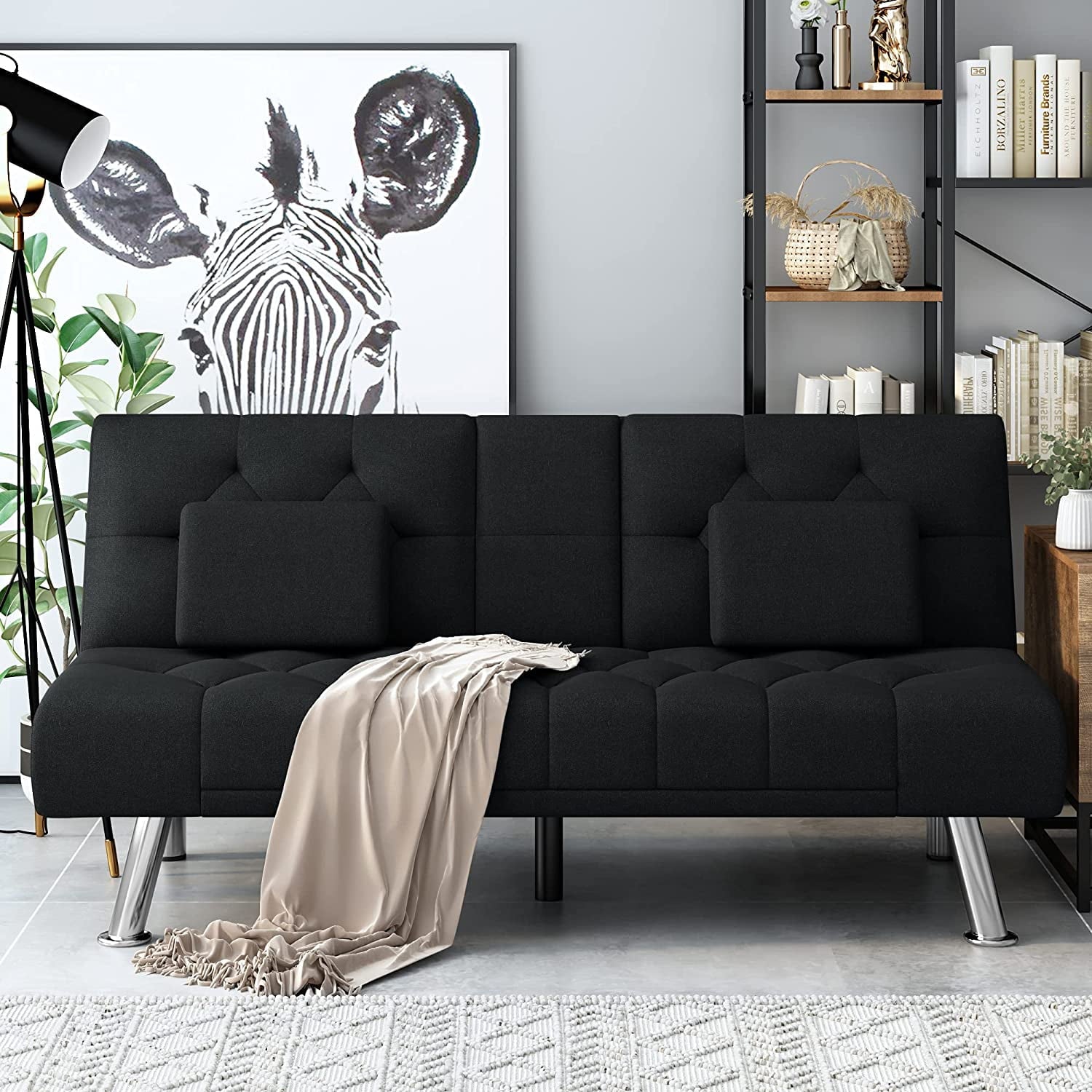 Homfa Convertible Futon Sofa Bed, 66.3'' Upholstered Removable Armrests,Gray Finish