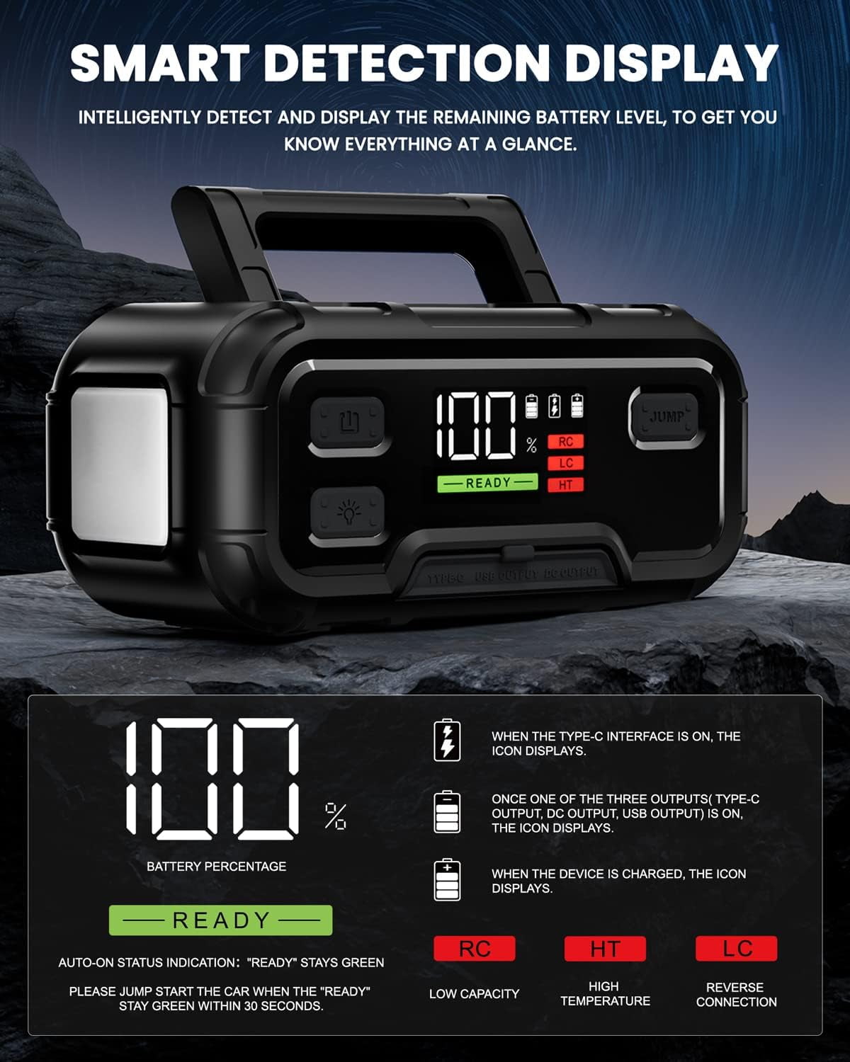 HOPCREW 6000A Battery Jump Starter, 32000mAh Car Battery Jump Starter with LED Display for All Gas or  12L Diesel, 12V Jump Box with Battery Booster with Built-in LED Light