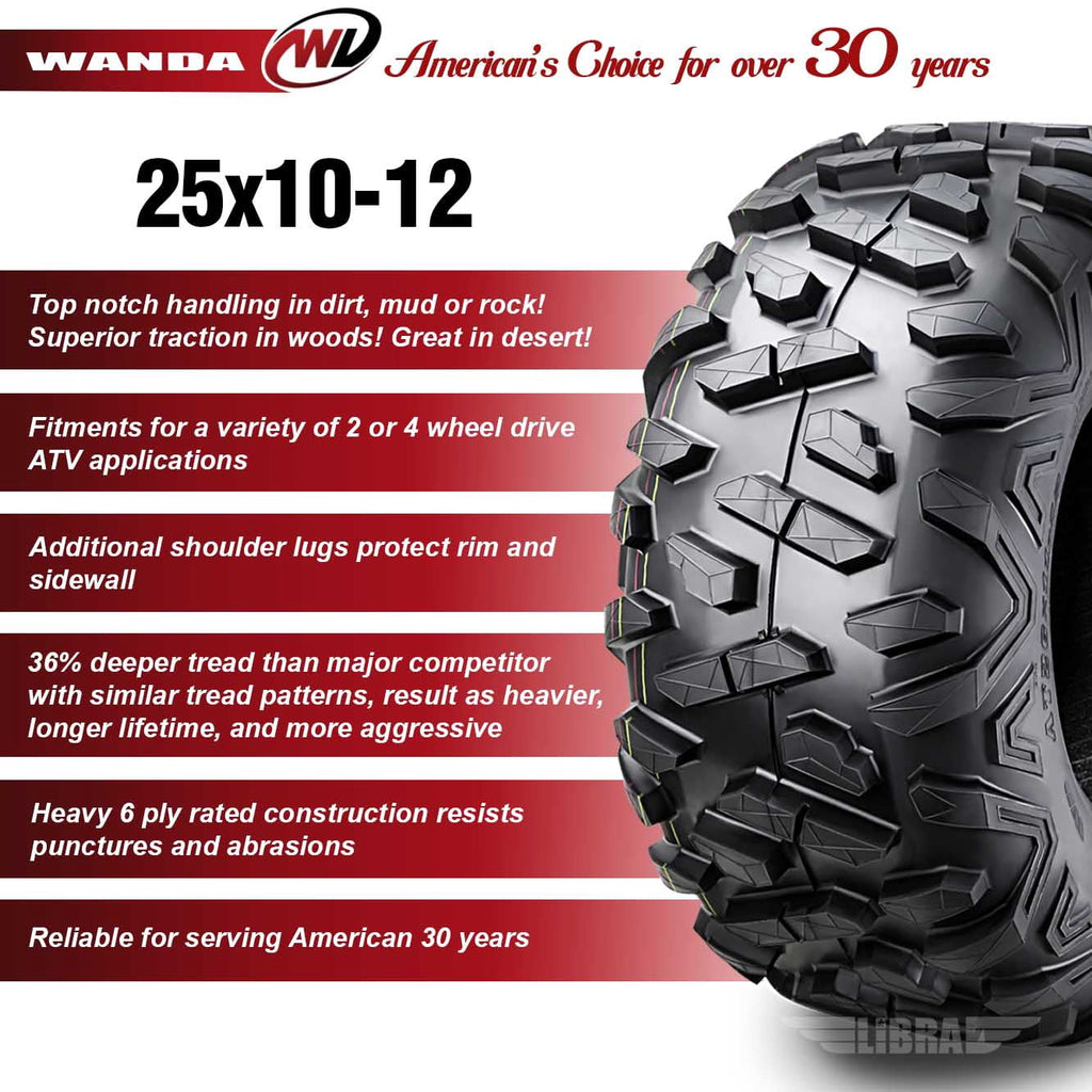 Wanda ATV/UTV Tires 25X10-12 25X10X12 6PR Bighorn Style 10376, Set 2