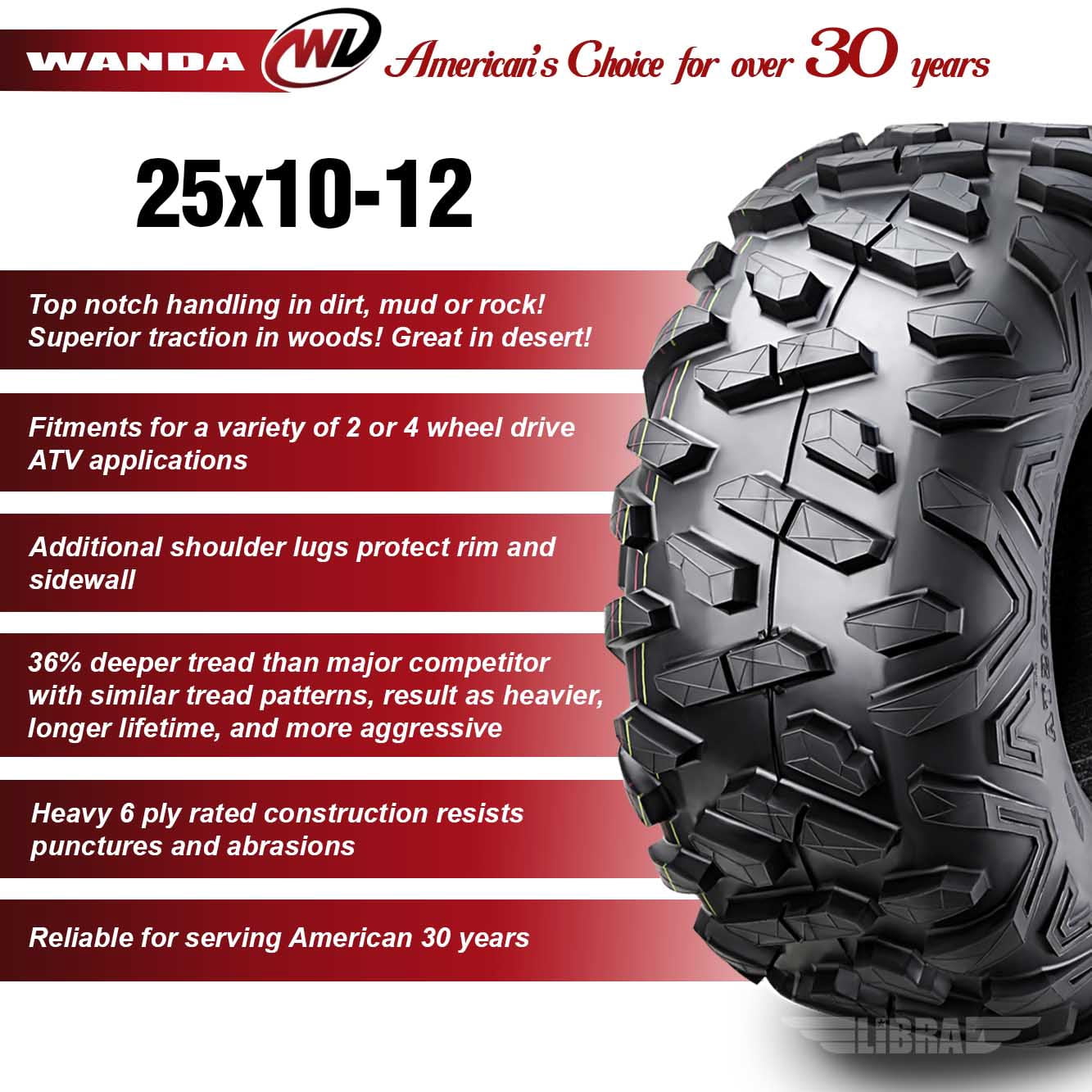 Wanda ATV/UTV Tires 25X10-12 25X10X12 6PR Bighorn Style 10376, Set 2