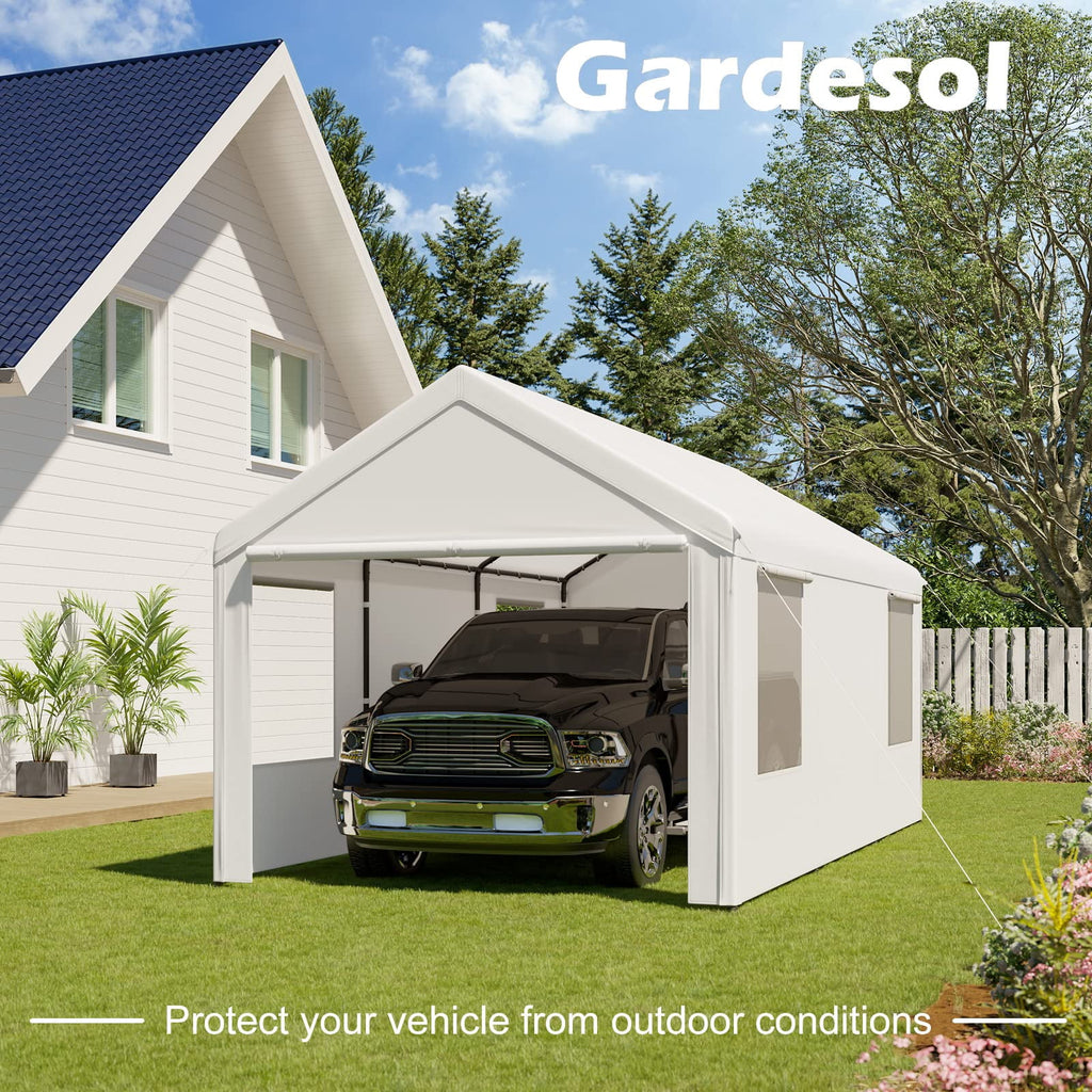 Gardesol Carport, 12'x20' Extra Large Heavy Duty Carport with Removable Sidewalls & Doors, Portable Garage Car Canopy for Car, Truck, SUV, Beige