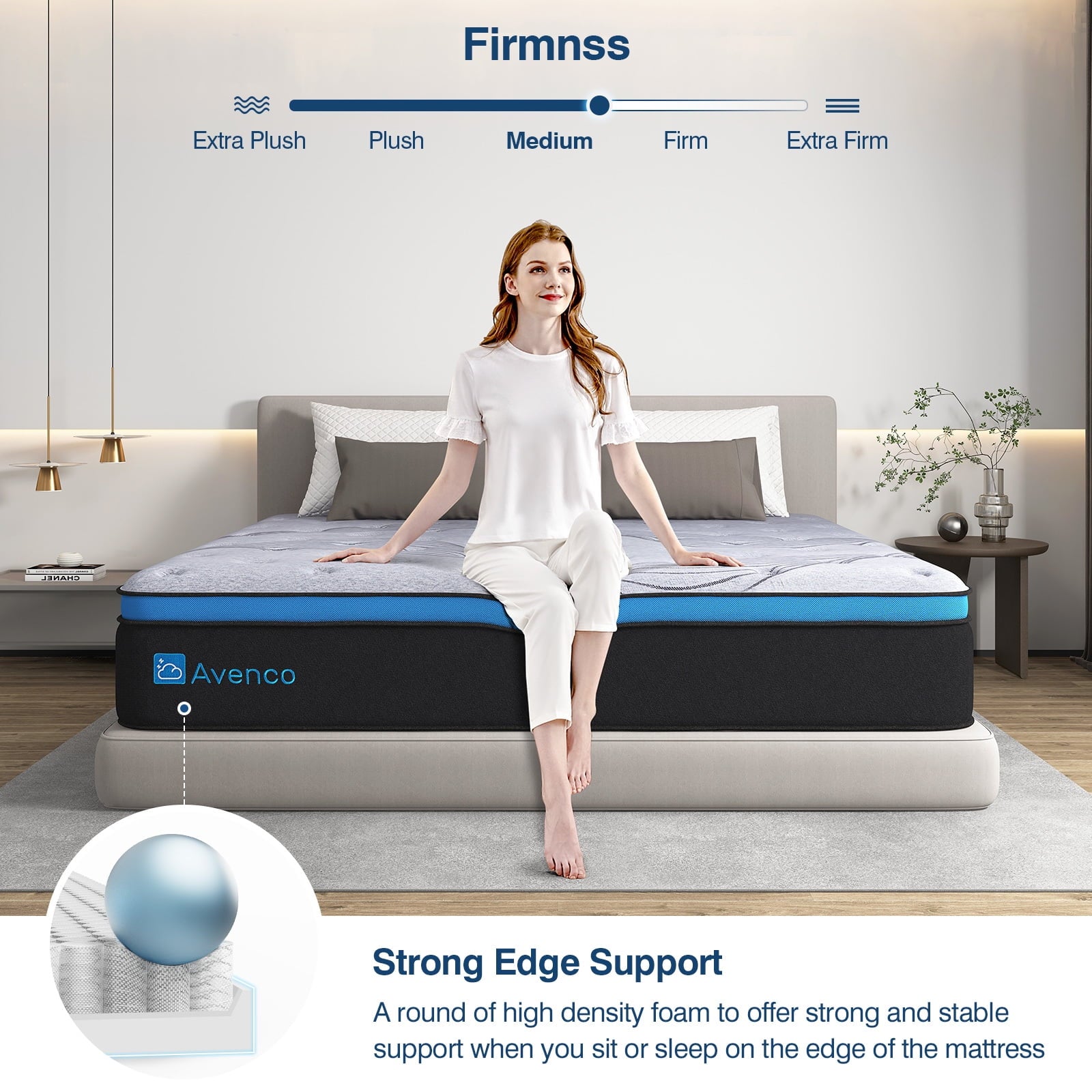 Avenco Queen Size Firm, 12-Inch Hybrid Mattress in a Box, Innerspring and Gel Memory Foam, Gray, Pillow Top