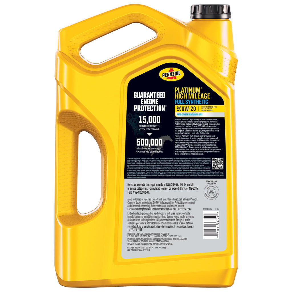 Pennzoil Platinum High Mileage Full Synthetic 0W-20 Motor Oil, 5 Quart