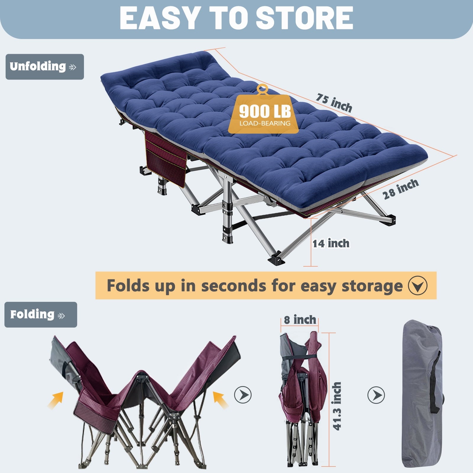 MOPHOTO 75" Portable Folding Bed for Adults, Rollaway Guest Bed Sleeping Cot with Mattress, Heavy Duty Outdoor Camping Cot with Carry Bag