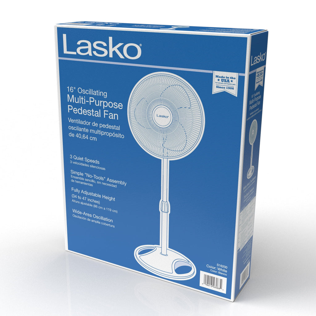 Lasko 16" Oscillating Adjustable Pedestal Fan with 3-Speeds, 47" H, Black, S16500, New