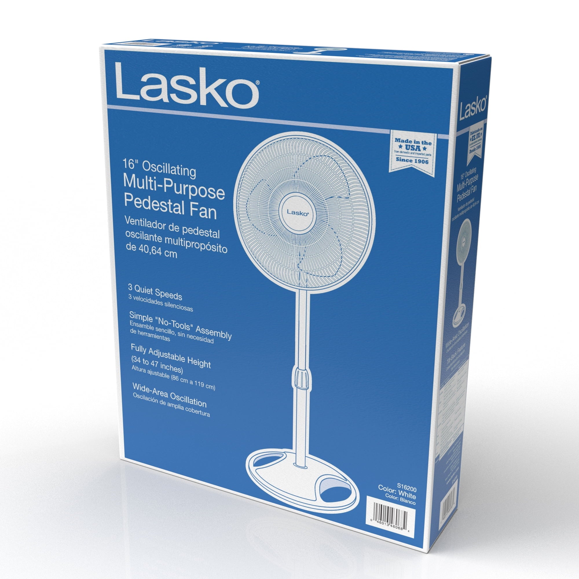 Lasko 16" Oscillating Adjustable Pedestal Fan with 3-Speeds, 47" H, Black, S16500, New