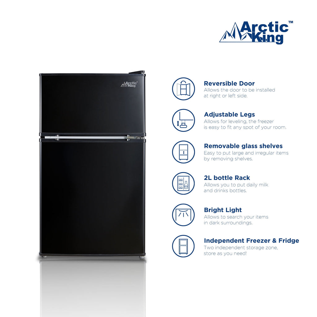 Arctic King 3.2 Cu ft Two Door Mini Fridge with Freezer, Stainless Steel, E-Star, ARM32D5ASL