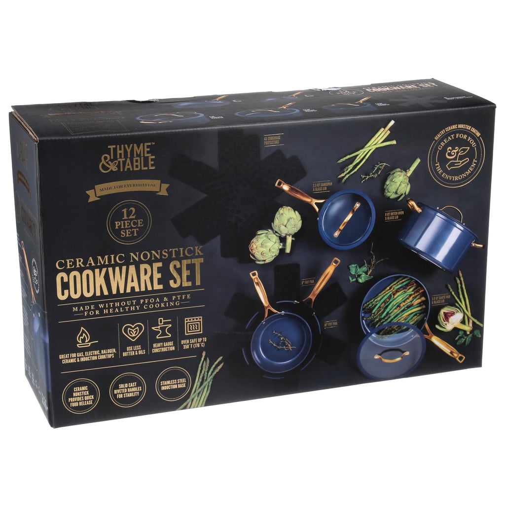 Thyme & Table Non-Stick 12-Piece Signature Cookware Set, Black & Gold