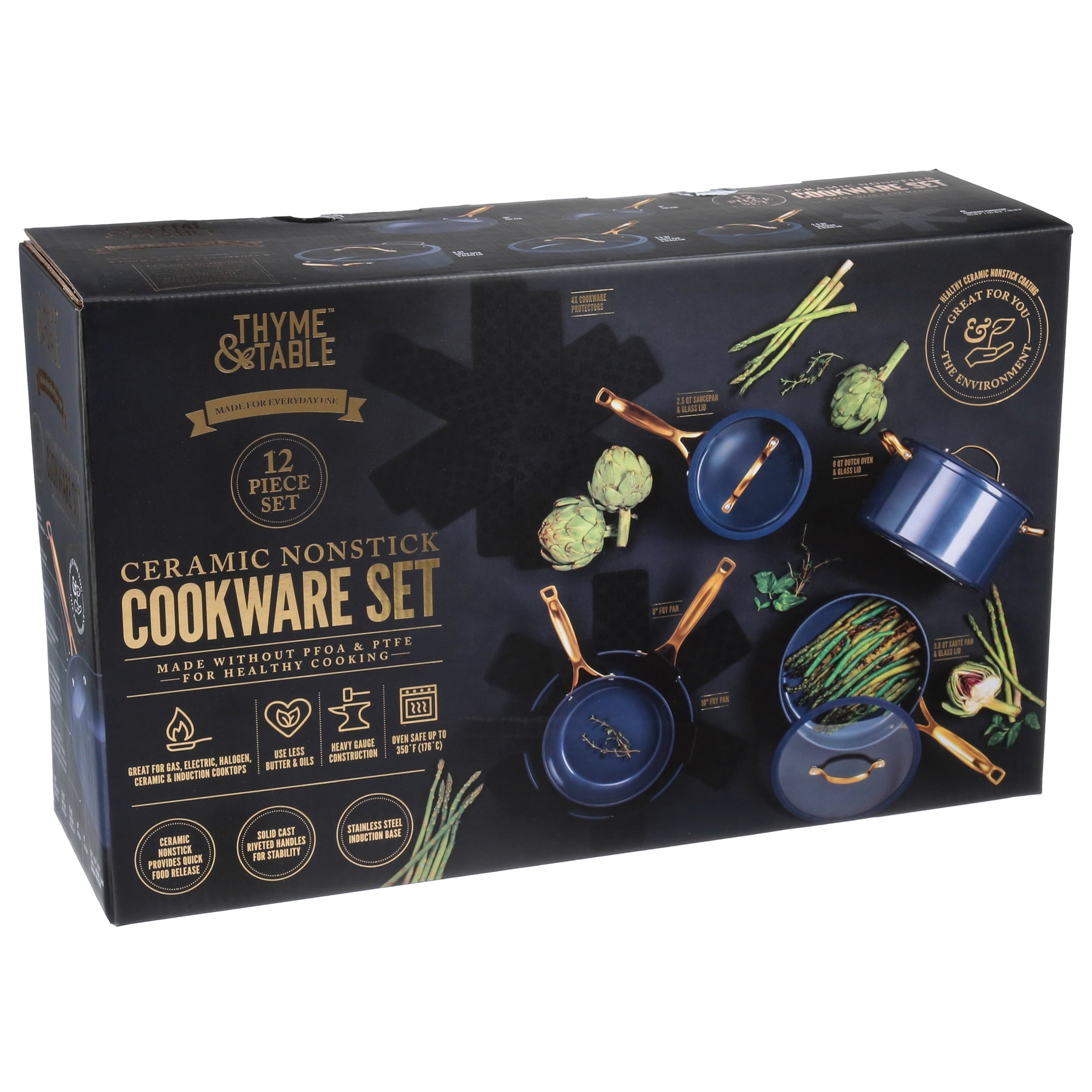 Thyme & Table Non-Stick 12-Piece Signature Cookware Set, Black & Gold