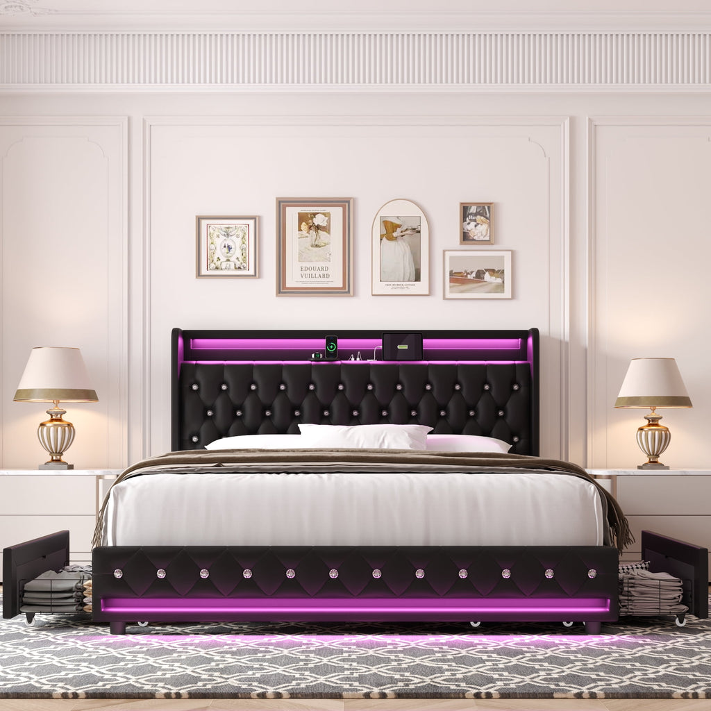 Homfa King Size LED Bed Frame with 4 Storage Drawers, Modern Wingback Crystal Button Tufted Upholstered Platform Bed Frame with Outlets and USB Ports & Display Platform, Beige