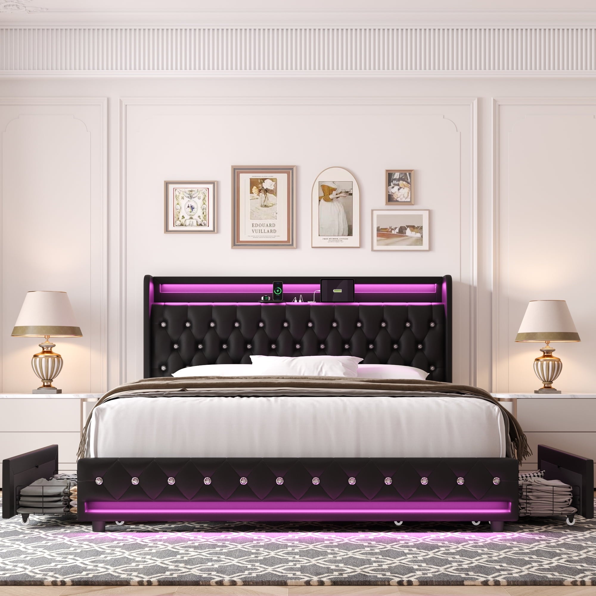 Homfa King Size LED Bed Frame with 4 Storage Drawers, Modern Wingback Crystal Button Tufted Upholstered Platform Bed Frame with Outlets and USB Ports & Display Platform, Beige