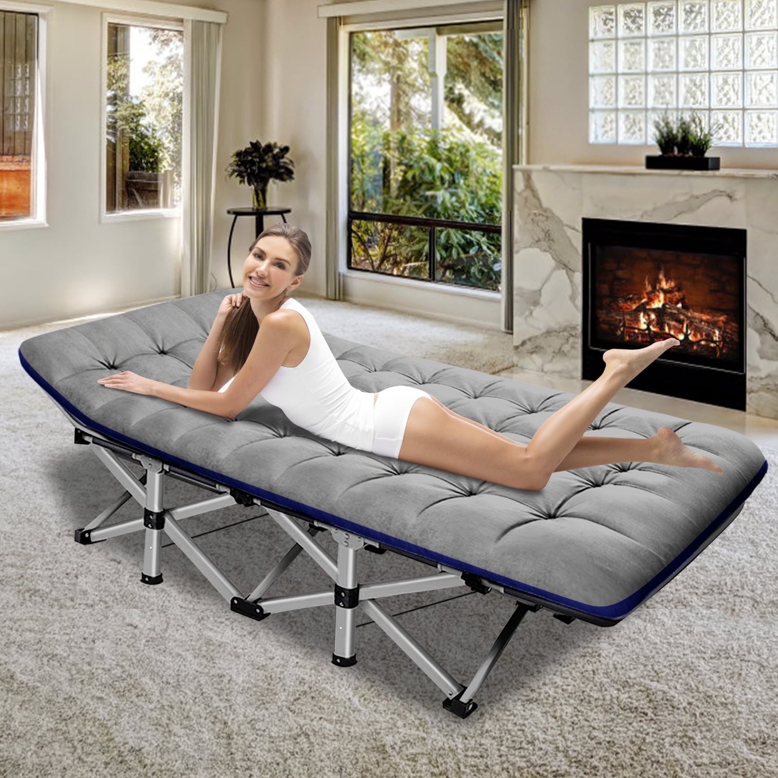 MOPHOTO 75" Portable Folding Bed for Adults, Rollaway Guest Bed Sleeping Cot with Mattress, Heavy Duty Outdoor Camping Cot with Carry Bag