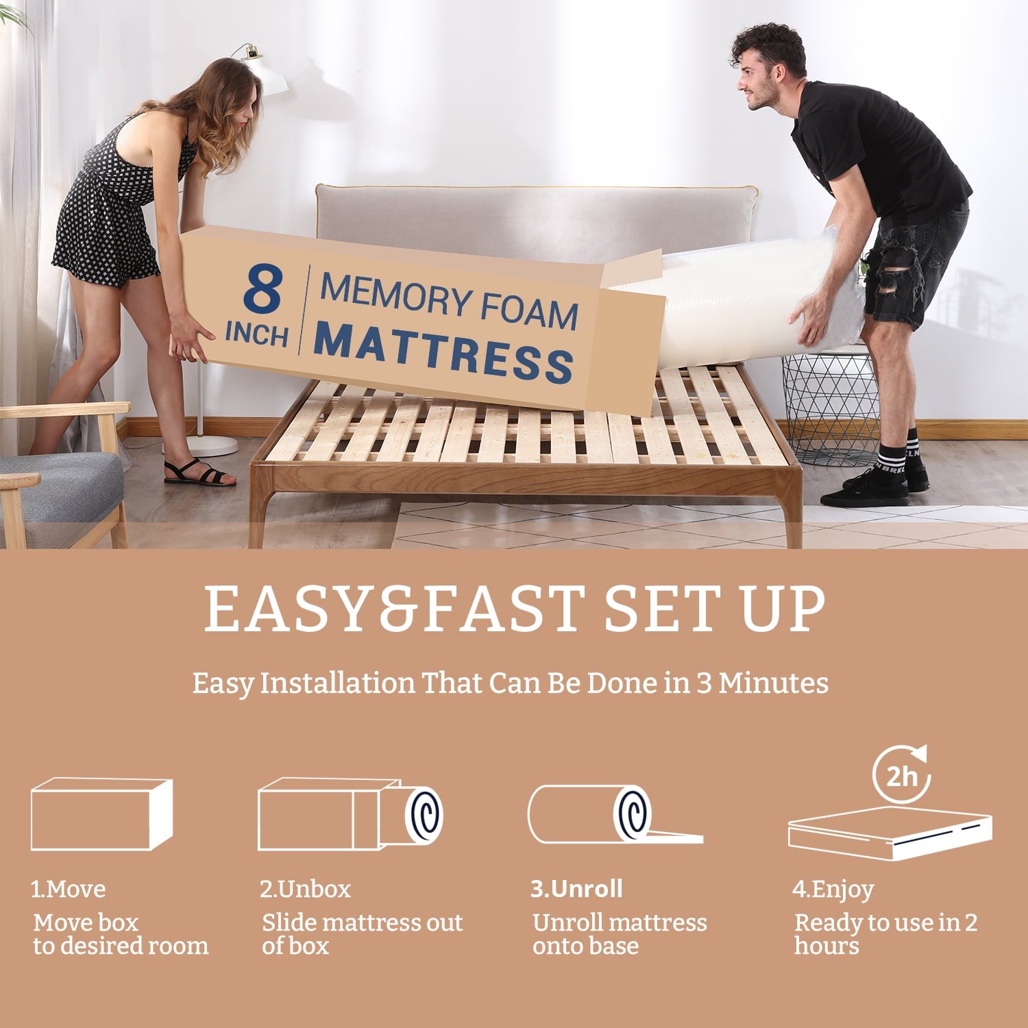 8 inch Twin Mattress, Green Tea Gel Memory Foam Mattress in a box, Medium Hardness Feeling, CertiPUR-US Certified/Made in USA, White
