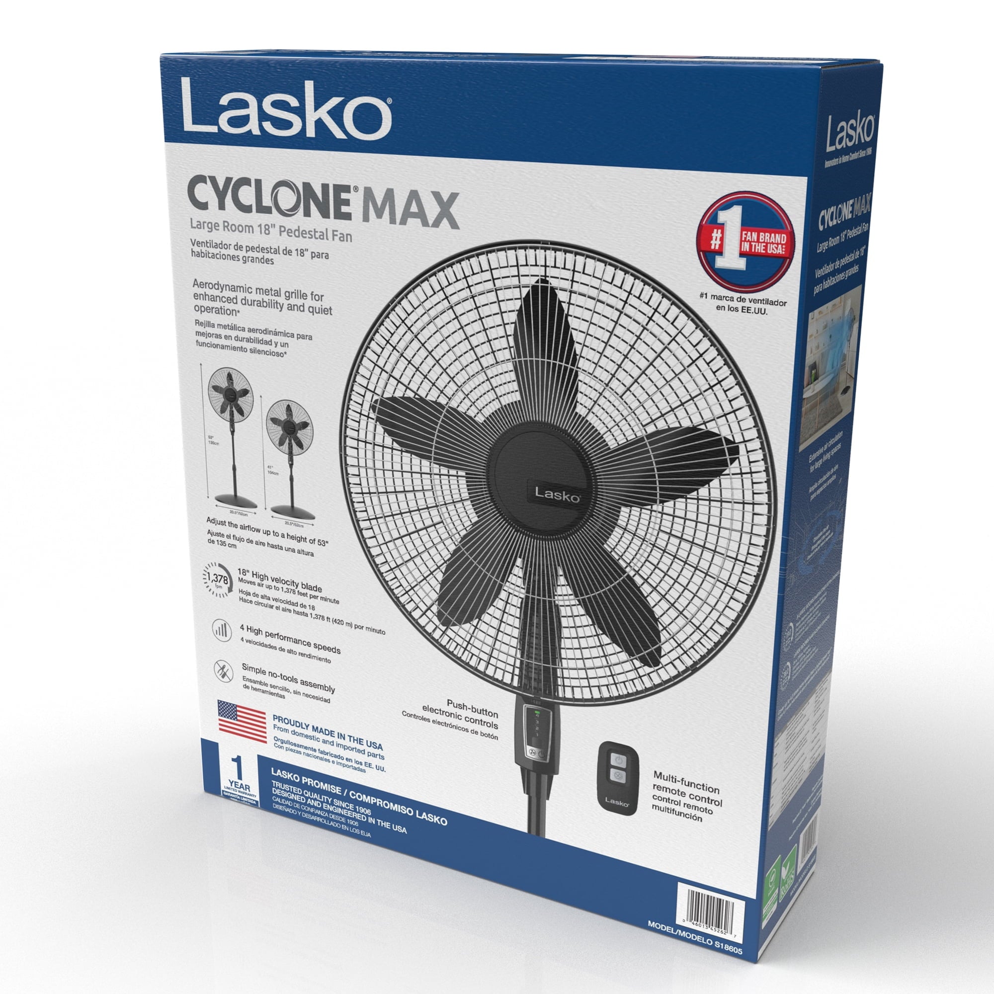 Lasko Cyclone Max 18", 23 ft/s High-Velocity Pedestal Fan, Remote, 53" H, Black, S18605, New