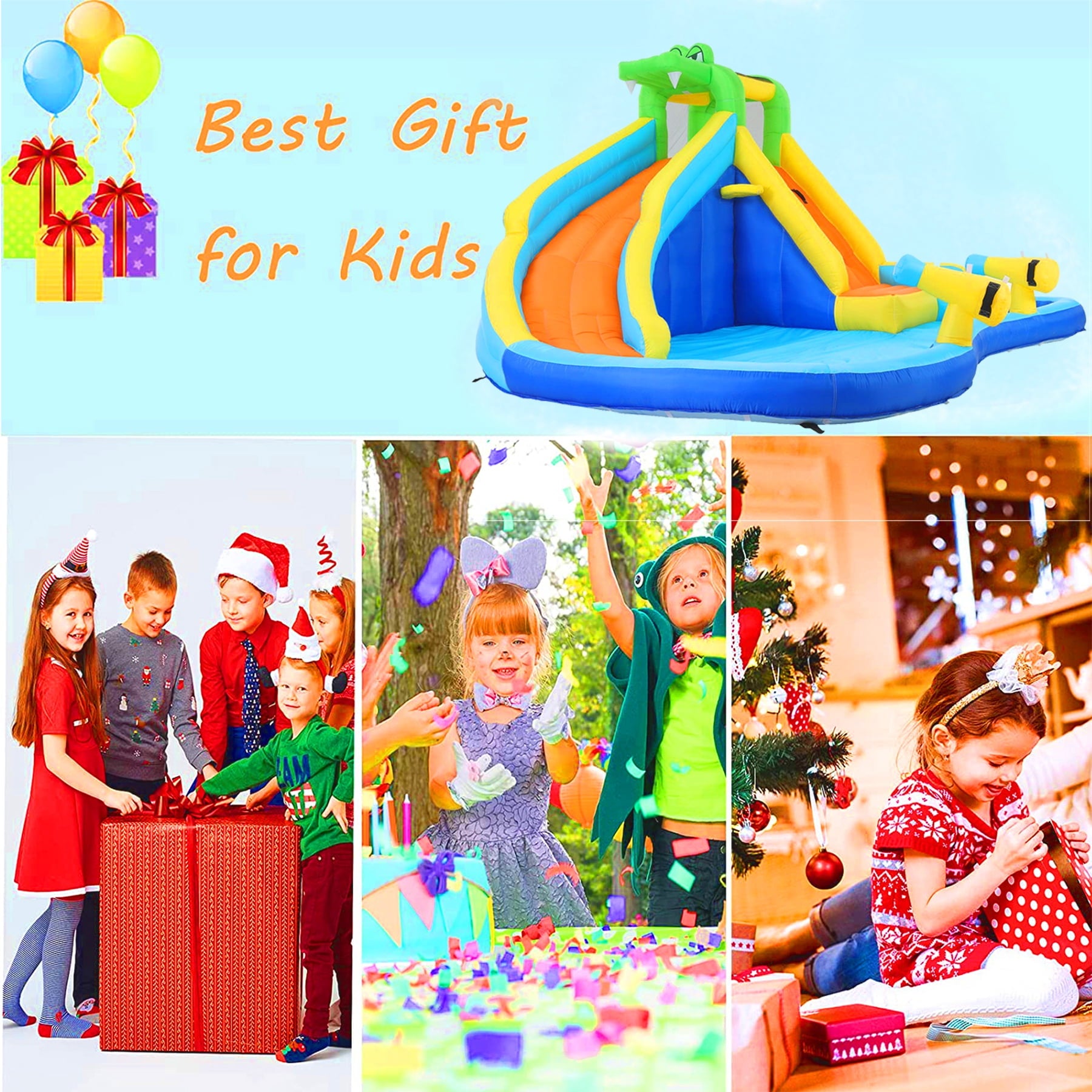 Inflatable Bounce House with Spray Pool, 2 Water Guns, Climbing Wall, Basketball Hoop, and Inflatable Water Slide with UL Air Blower, (Gift for Kids), Polyester, Child, Teen, Toddler