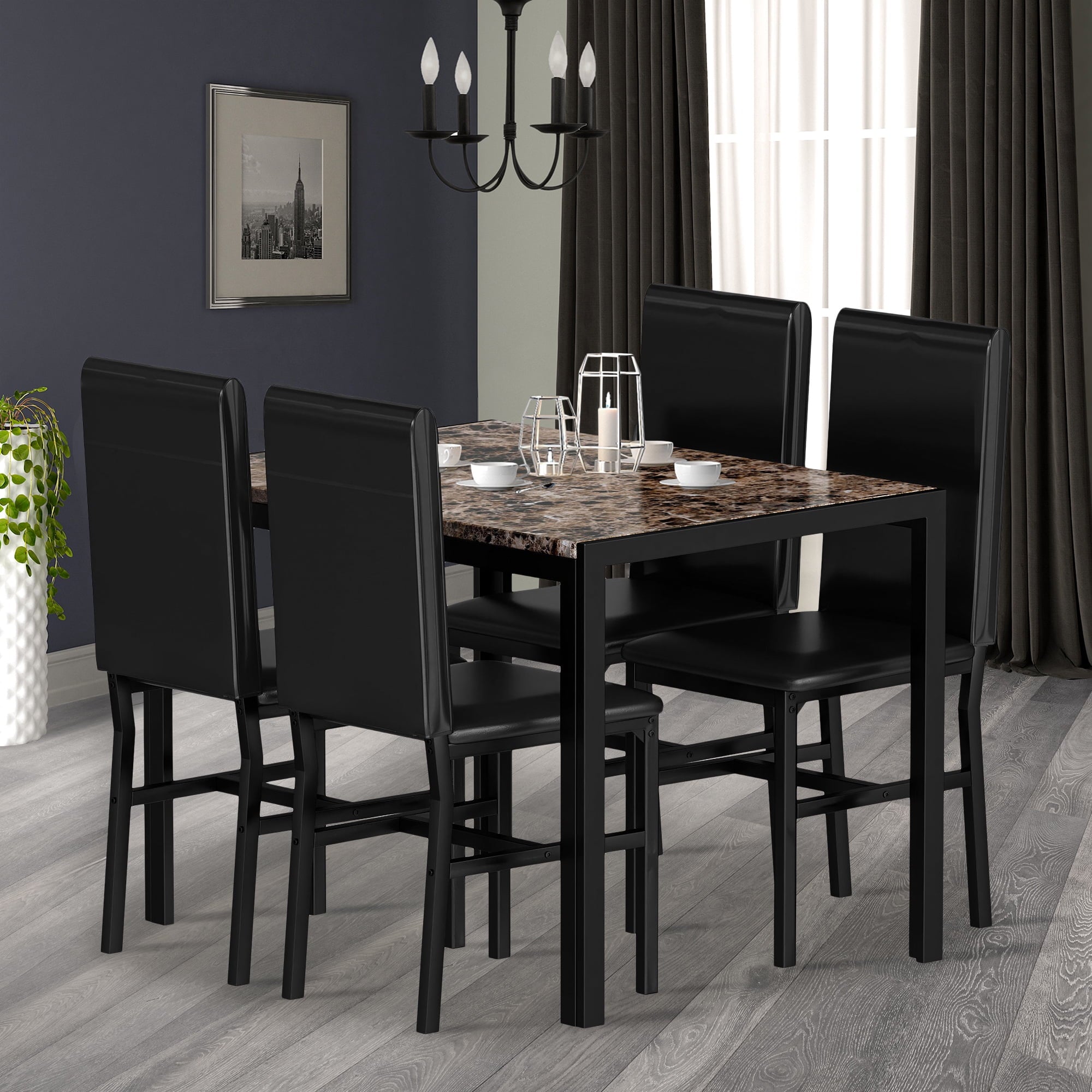 PAPROOS Dining Table Set for 4, Modern 5-Piece Kitchen Table Set with Faux Marble Top and Velvet Upholstery Chairs, Heavy Duty Dinette Sets for Breakfast Nook, Dining Room Table and Chairs, Gray