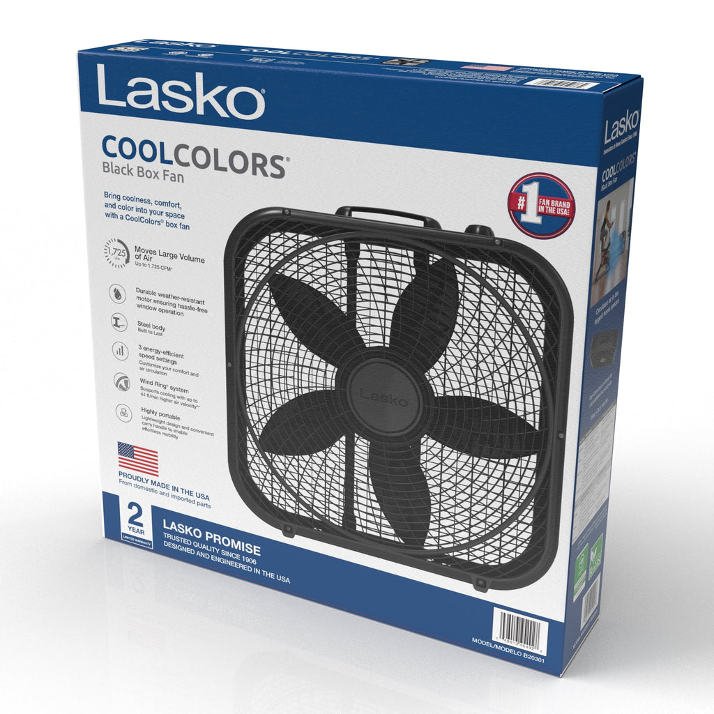 Lasko 20" Cool Colors 3-Speed Box Fan with Weather-Resistant Motor, Blue, 22.5" High, B20310, New