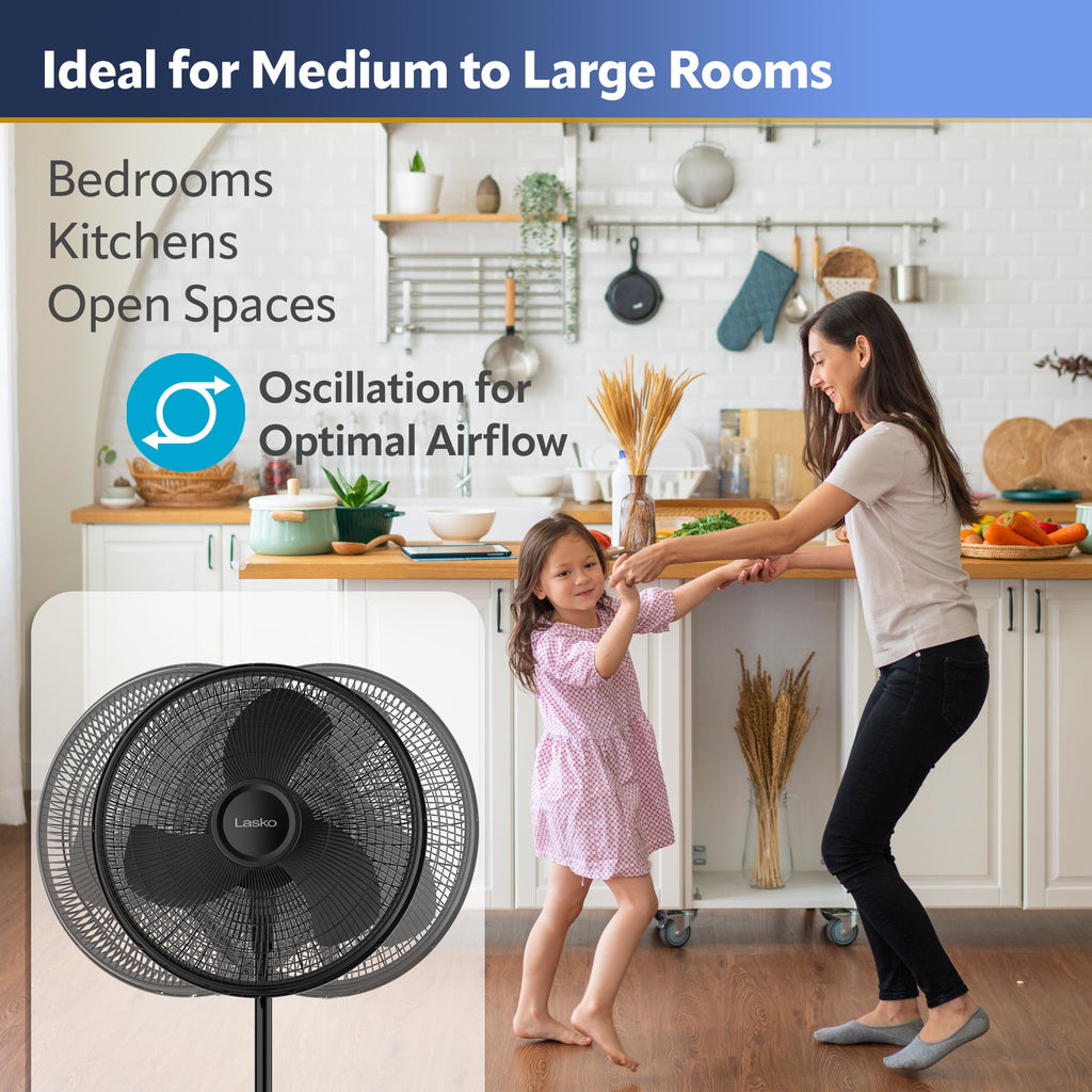 Lasko 16" Oscillating Adjustable Pedestal Fan with 3-Speeds, 47" H, Black, S16500, New