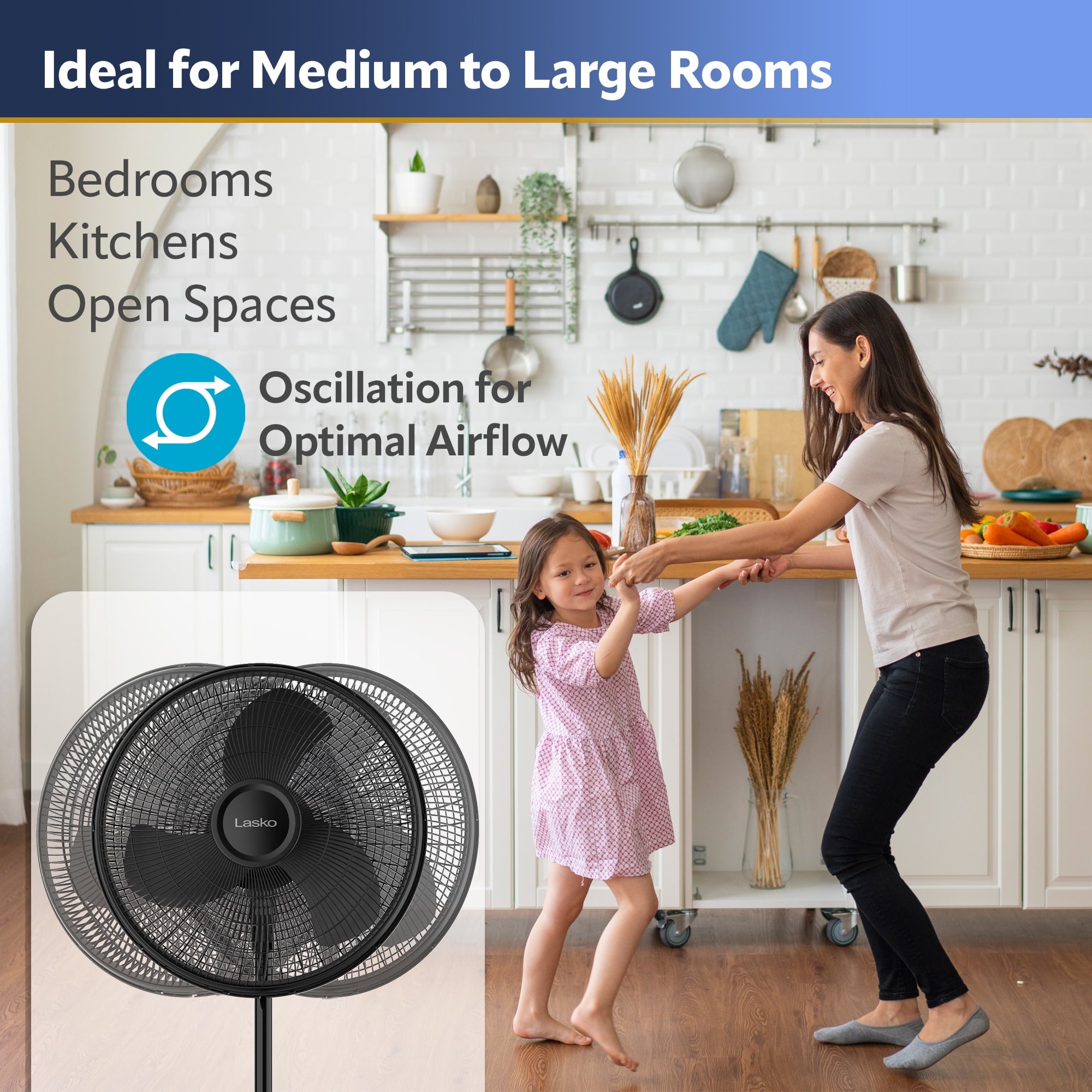 Lasko 16" Oscillating Adjustable Pedestal Fan with 3-Speeds, 47" H, Black, S16500, New