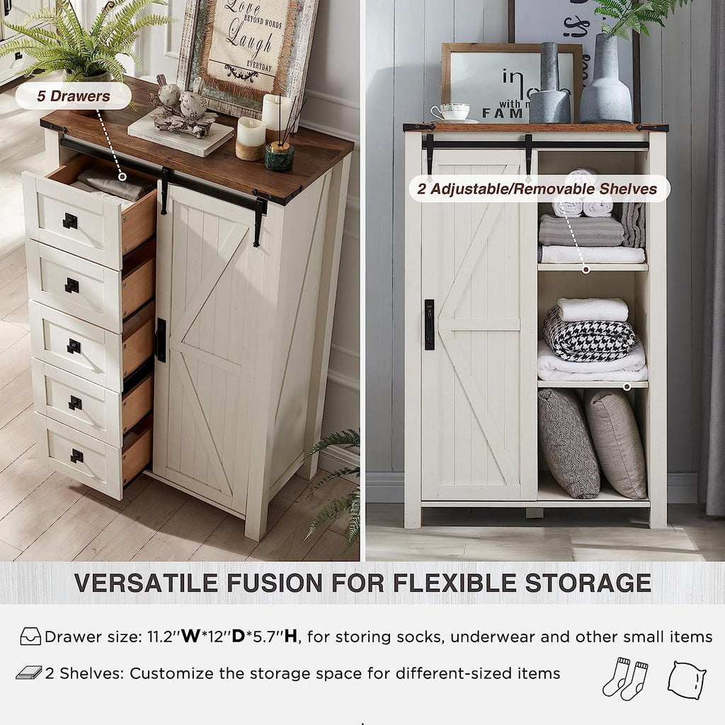 OKD Modern Farmhouse 5-Drawer Dresser with Barn Door, Adjustable Storage Cabinet for Bedroom Living Room, Light Rustic Oak