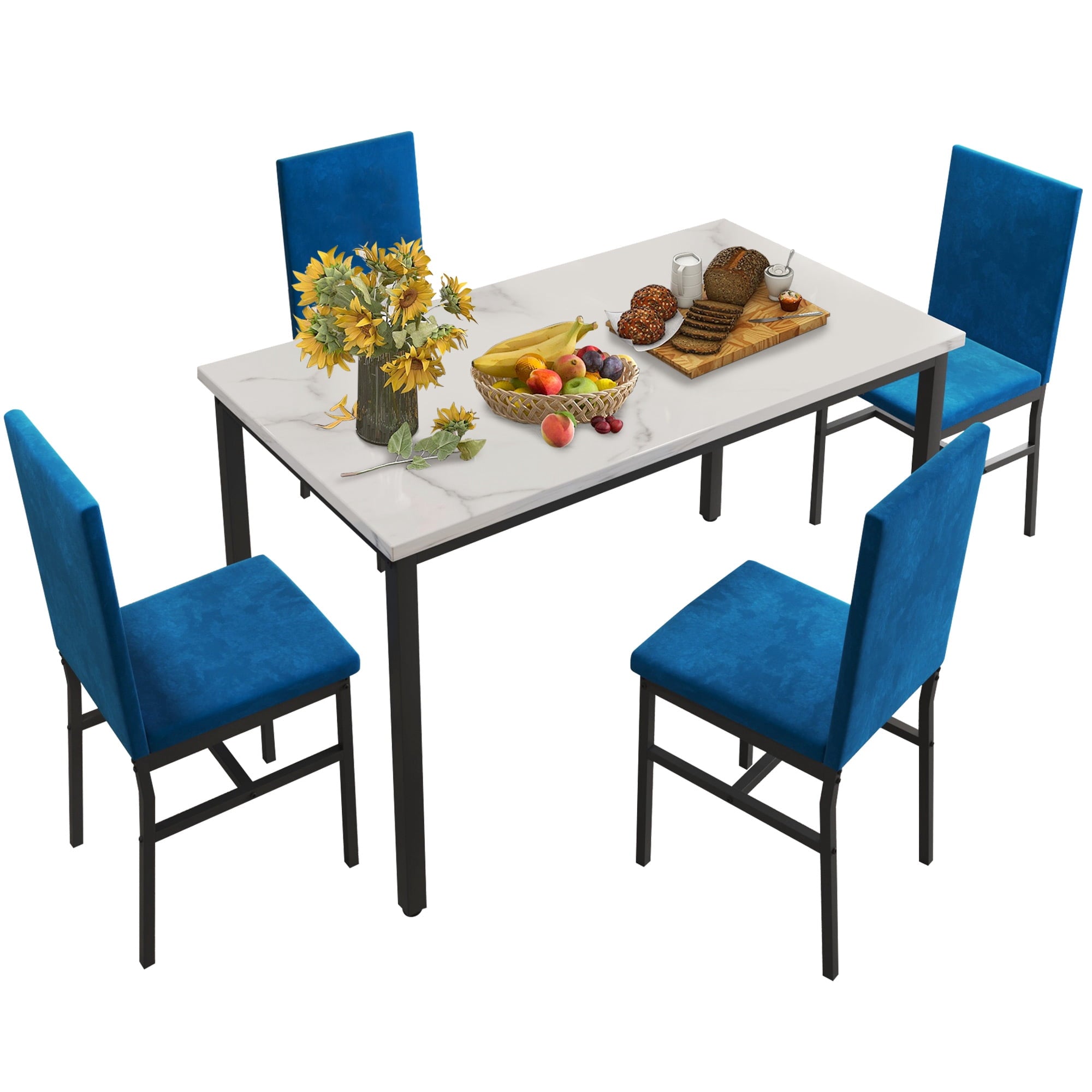 PAPROOS Dining Table Set for 4, Modern 5-Piece Kitchen Table Set with Faux Marble Top and Velvet Upholstery Chairs, Heavy Duty Dinette Sets for Breakfast Nook, Dining Room Table and Chairs, Gray