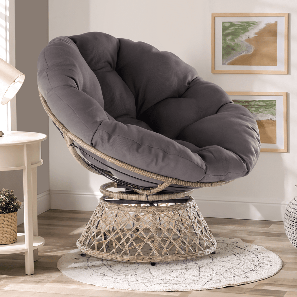 Bme 360 Swivel Comfy Papasan Chair with Fabric Cushion, Sturdy Metal Frame (Cream Vanilla - Black Frame)