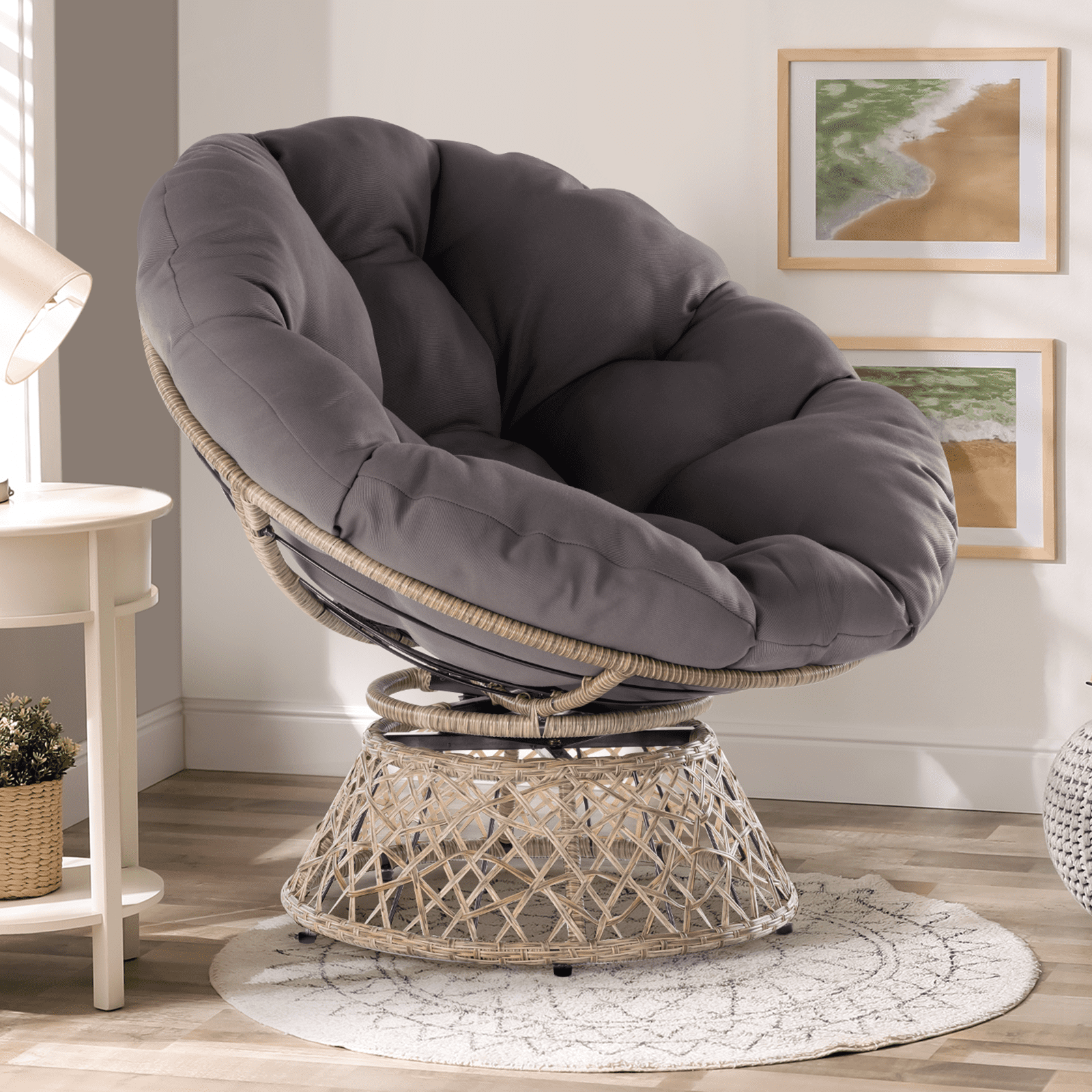 Bme 360 Swivel Comfy Papasan Chair with Fabric Cushion, Sturdy Metal Frame (Cream Vanilla - Black Frame)