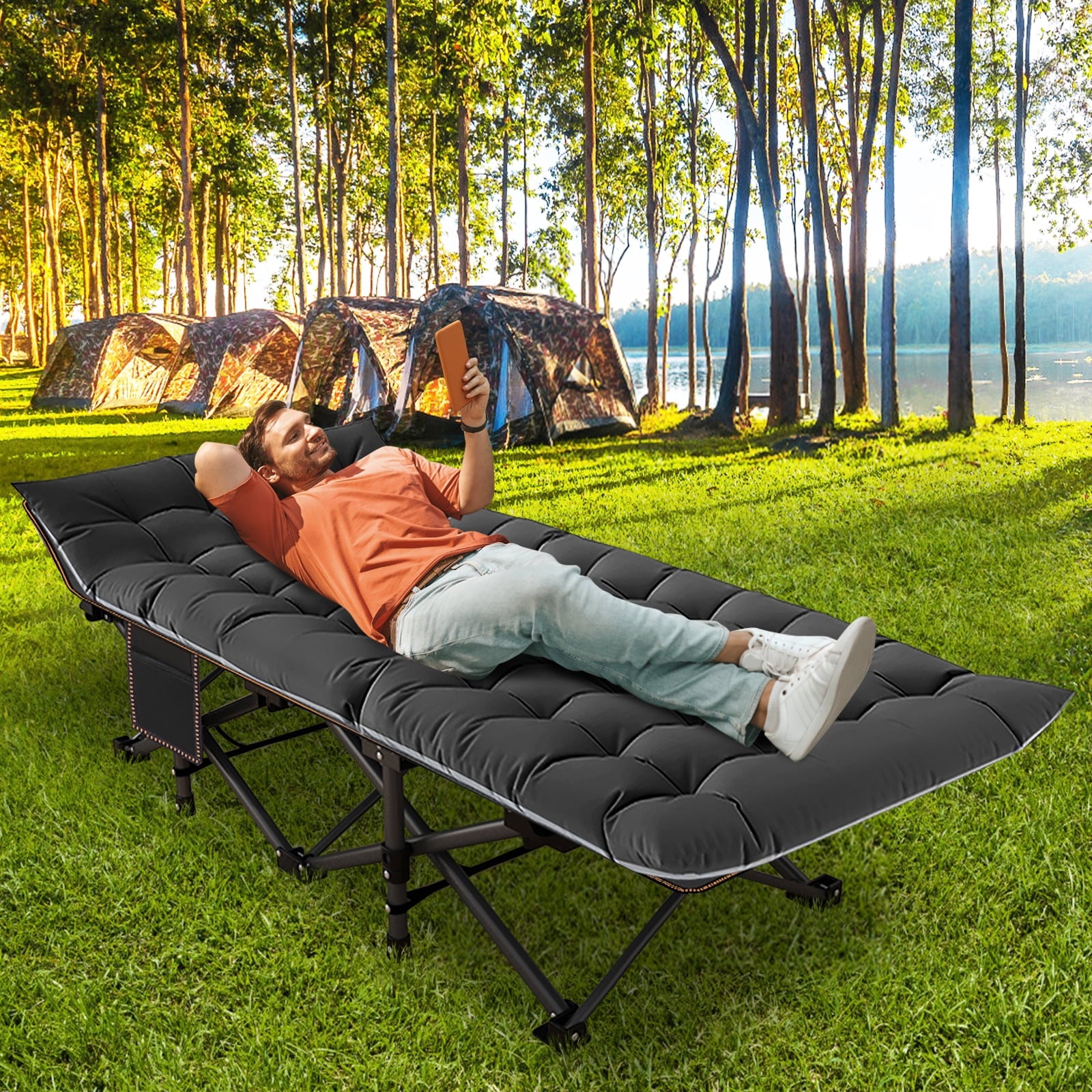 MOPHOTO 75" Portable Folding Bed for Adults, Rollaway Guest Bed Sleeping Cot with Mattress, Heavy Duty Outdoor Camping Cot with Carry Bag