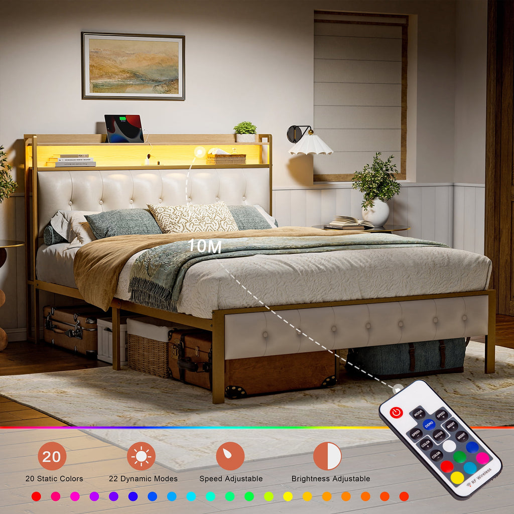 GUNAITO Queen Bed Frame with Storage Headboard Upholstered Platform Bed with LED Lights USB Ports & Outlets Black