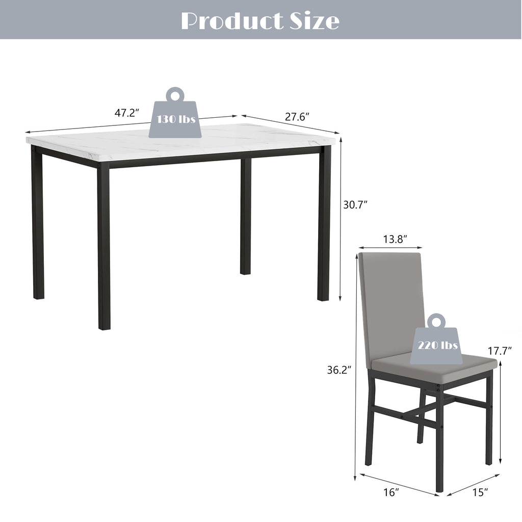 PAPROOS Dining Table Set for 4, Modern 5-Piece Kitchen Table Set with Faux Marble Top and Velvet Upholstery Chairs, Heavy Duty Dinette Sets for Breakfast Nook, Dining Room Table and Chairs, Gray