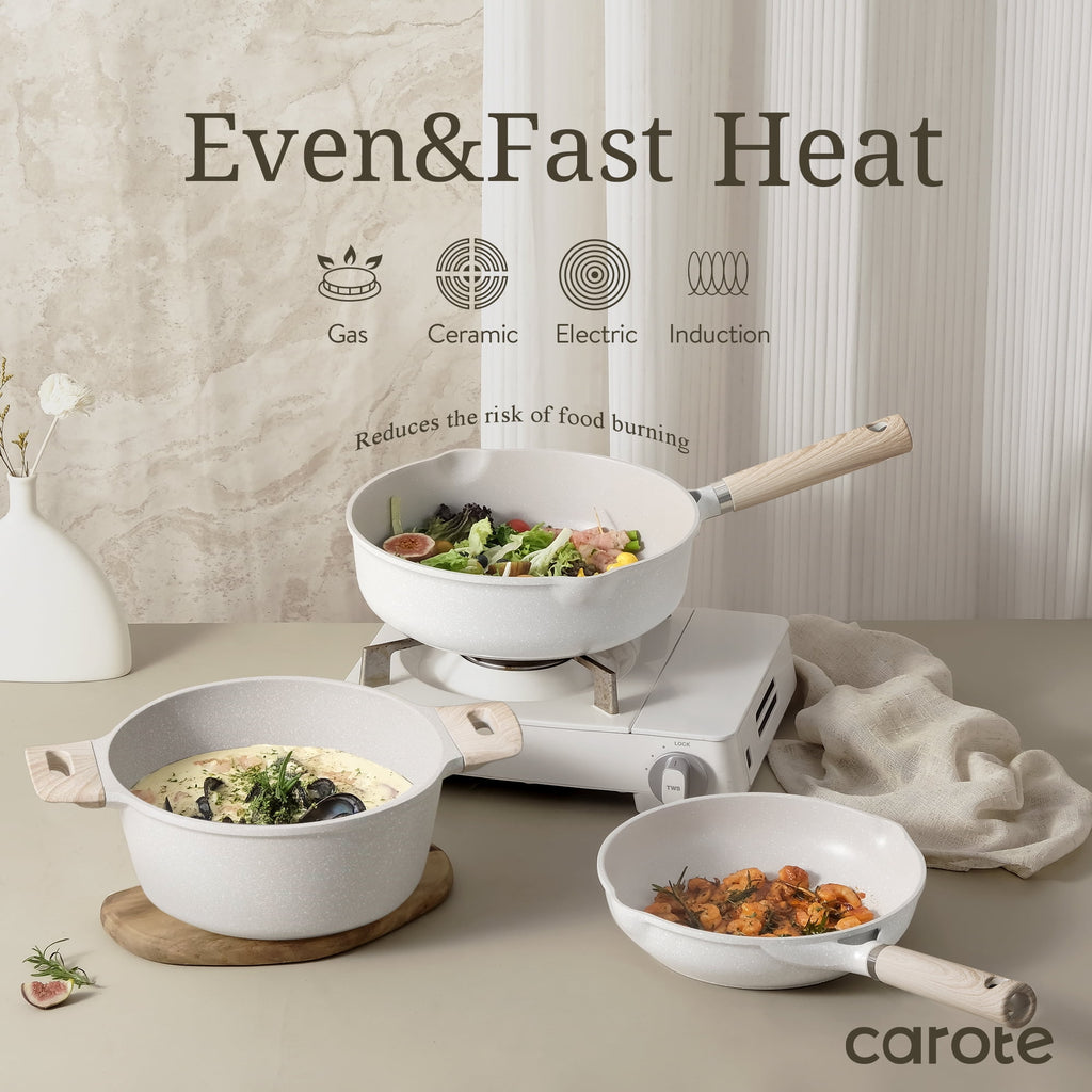 Carote Nonstick Pots and Pans Set, 21 Pcs Induction Kitchen Cookware Sets (Beige Granite)