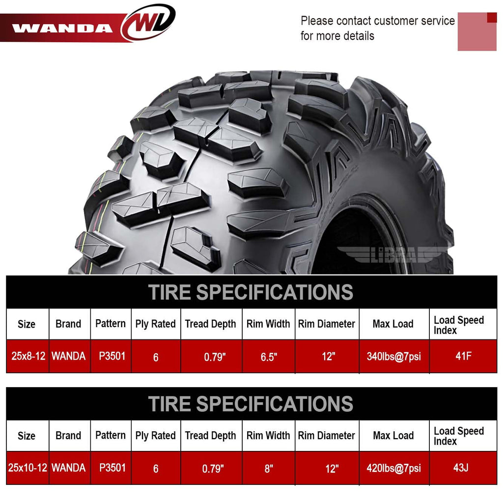 Wanda ATV/UTV Tires 25x8-12 Front & 25x10-12 Rear /6PR Big Horn Style 10375/10376, Set 4