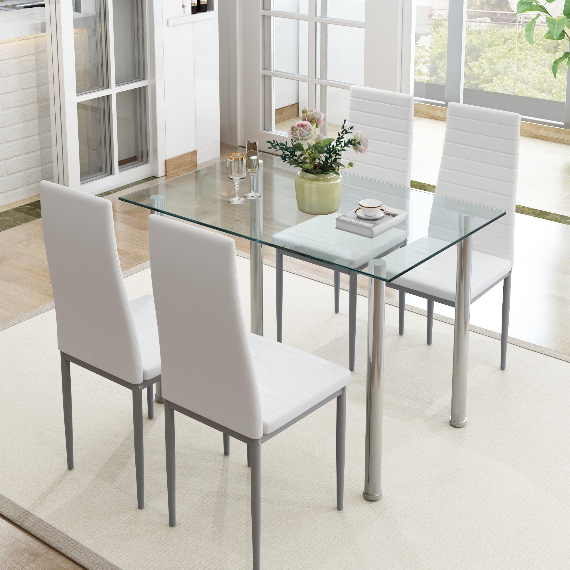 PAPROOS Dining Table Set for 4, Modern 5-Piece Kitchen Table Set with Faux Marble Top and Velvet Upholstery Chairs, Heavy Duty Dinette Sets for Breakfast Nook, Dining Room Table and Chairs, Gray