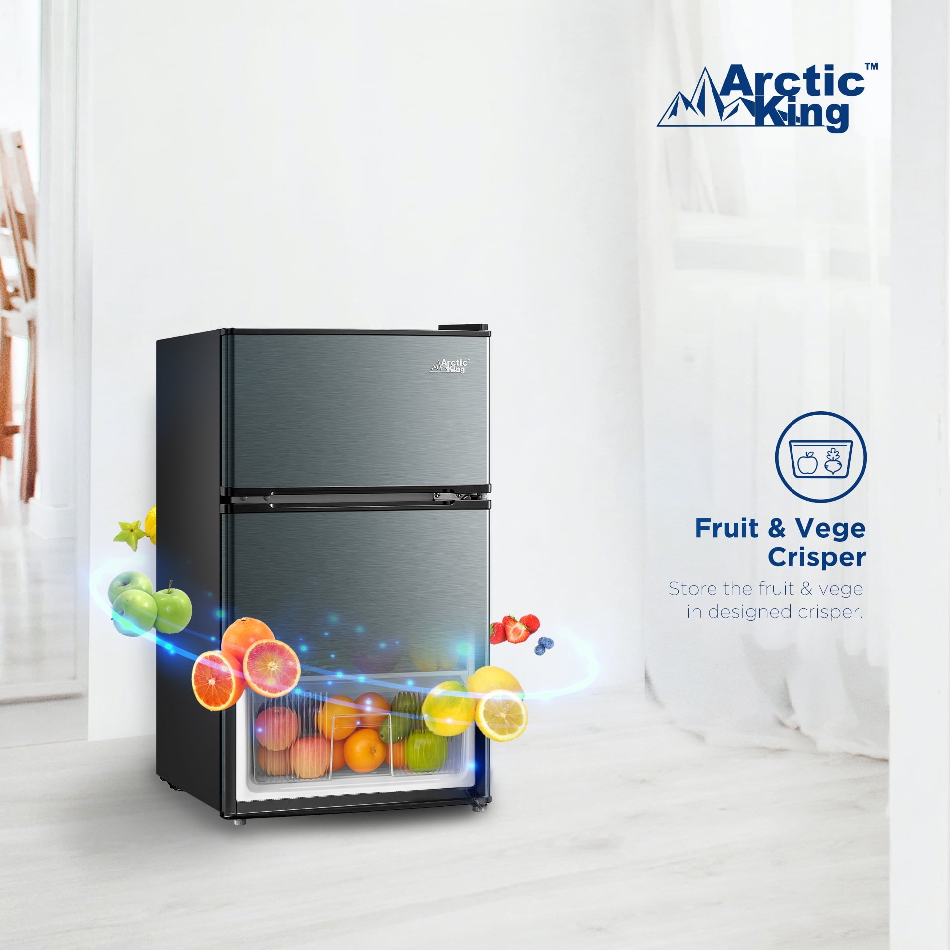 Arctic King 3.2 Cu ft Two Door Compact Refrigerator with Freezer, Stainless Steel, E-star