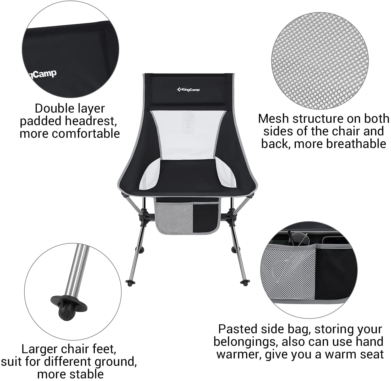 KingCamp 2 Pack High Back Camping Chairs Lightweight Extra Wide Folding Chairs with Carry Bag Black for Adult