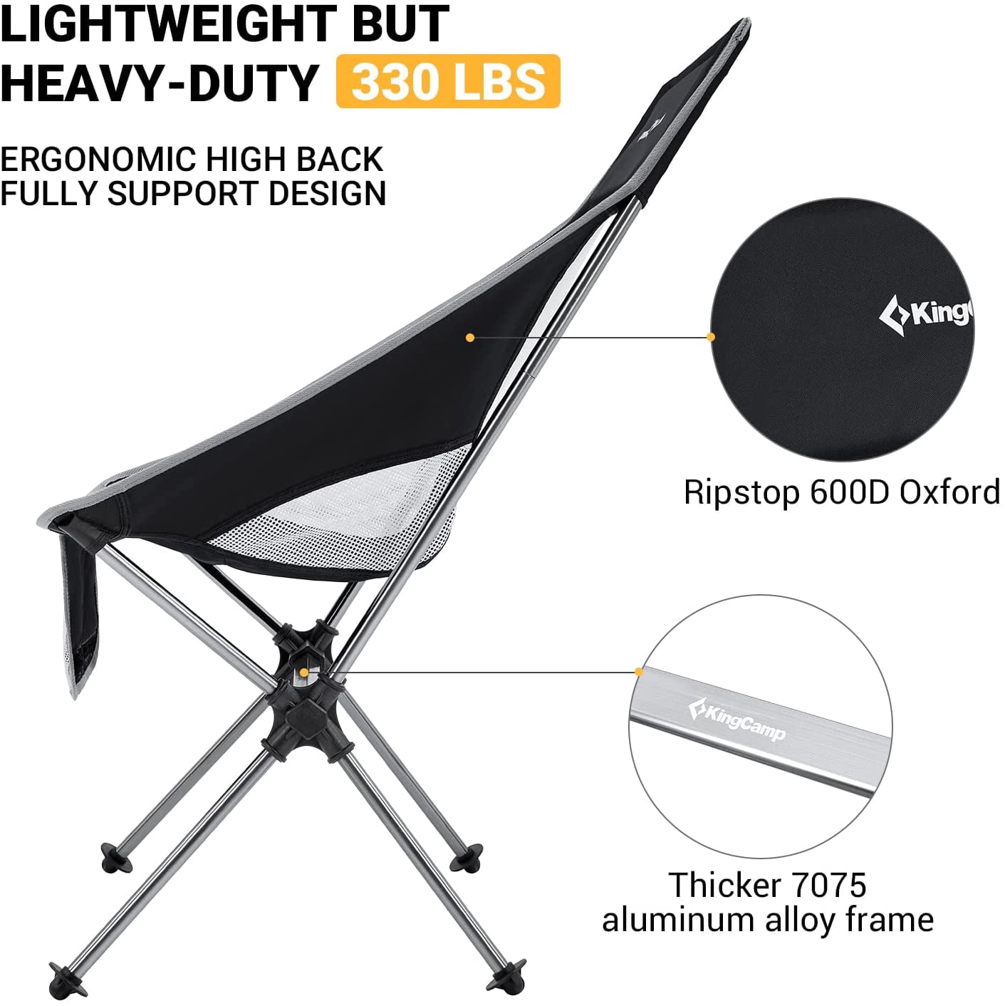 KingCamp 2 Pack High Back Camping Chairs Lightweight Extra Wide Folding Chairs with Carry Bag Black for Adult