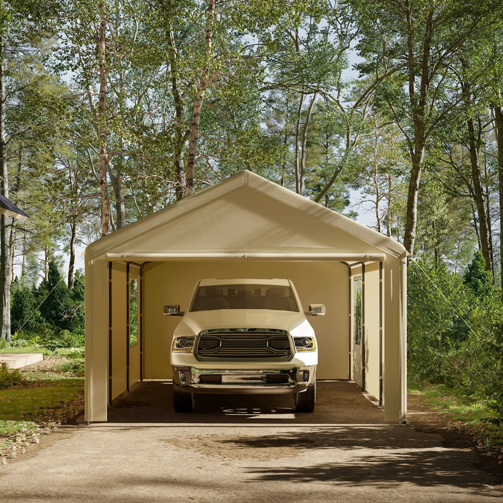 Gardesol Carport, 12'x20' Extra Large Heavy Duty Carport with Removable Sidewalls & Doors, Portable Garage Car Canopy for Car, Truck, SUV, Beige