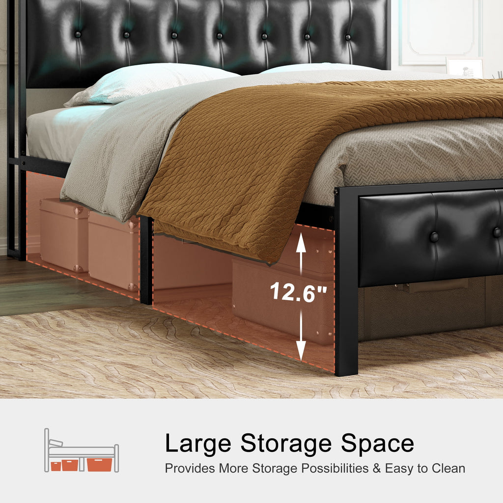 GUNAITO Queen Bed Frame with Storage Headboard Upholstered Platform Bed with LED Lights USB Ports & Outlets Black
