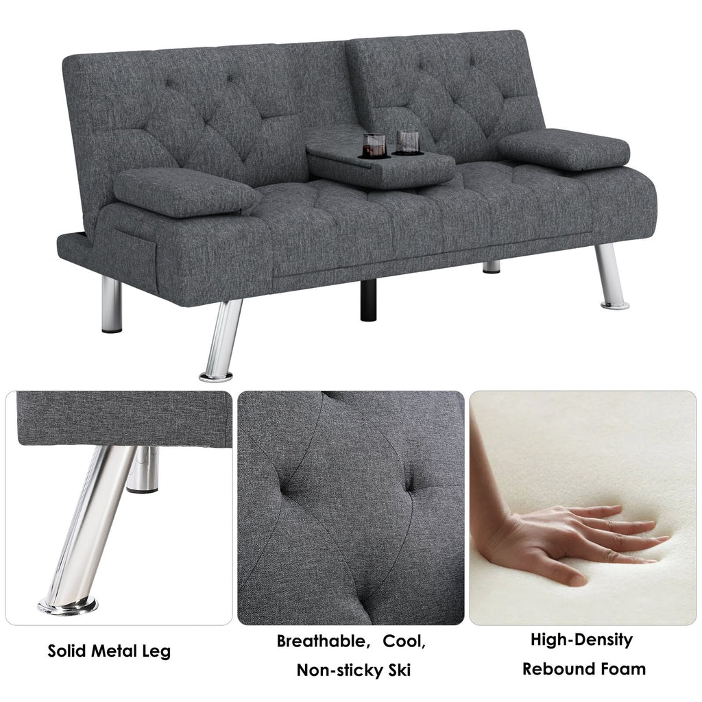 Homfa Convertible Futon Sofa Bed, 66.3'' Upholstered Removable Armrests,Gray Finish