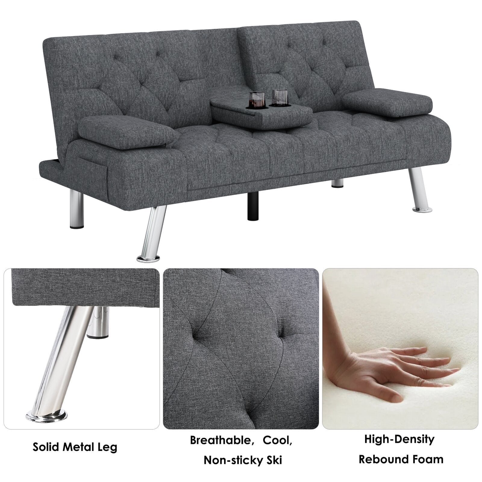 Homfa Convertible Futon Sofa Bed, 66.3'' Upholstered Removable Armrests,Gray Finish