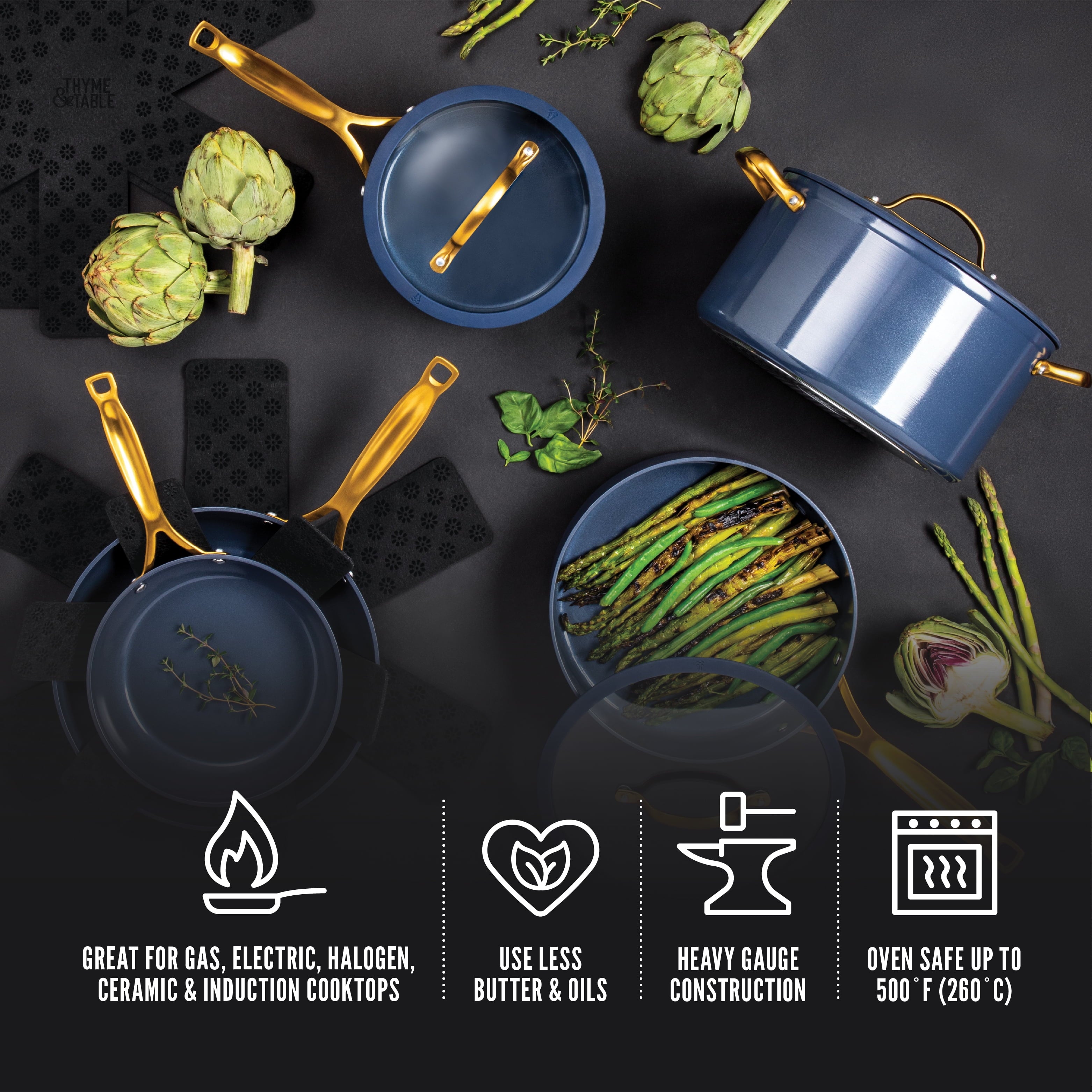 Thyme & Table Non-Stick 12-Piece Signature Cookware Set, Black & Gold